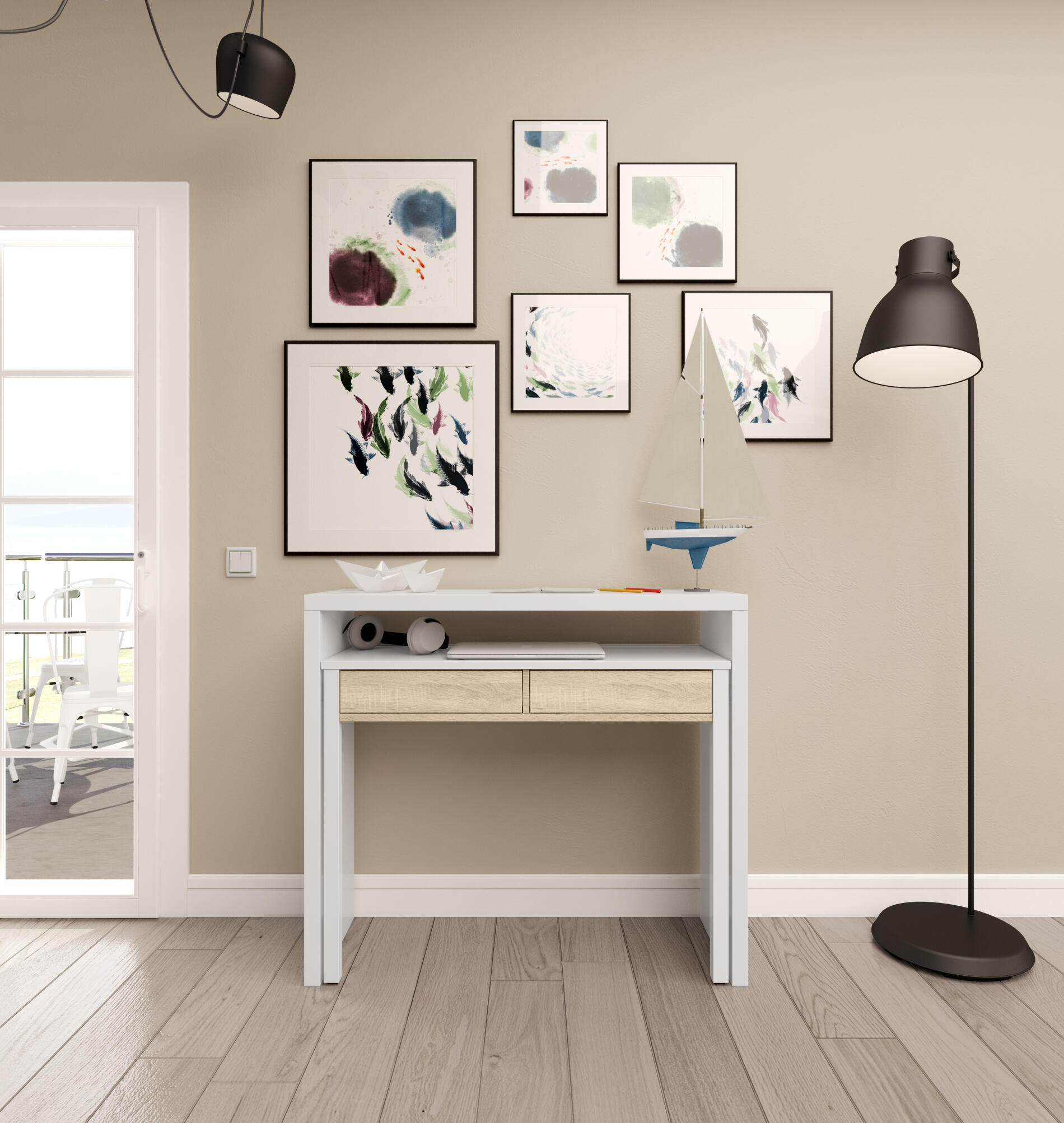 Mesa escritorio consola blanco y roble 87,5x98,5x36 cm