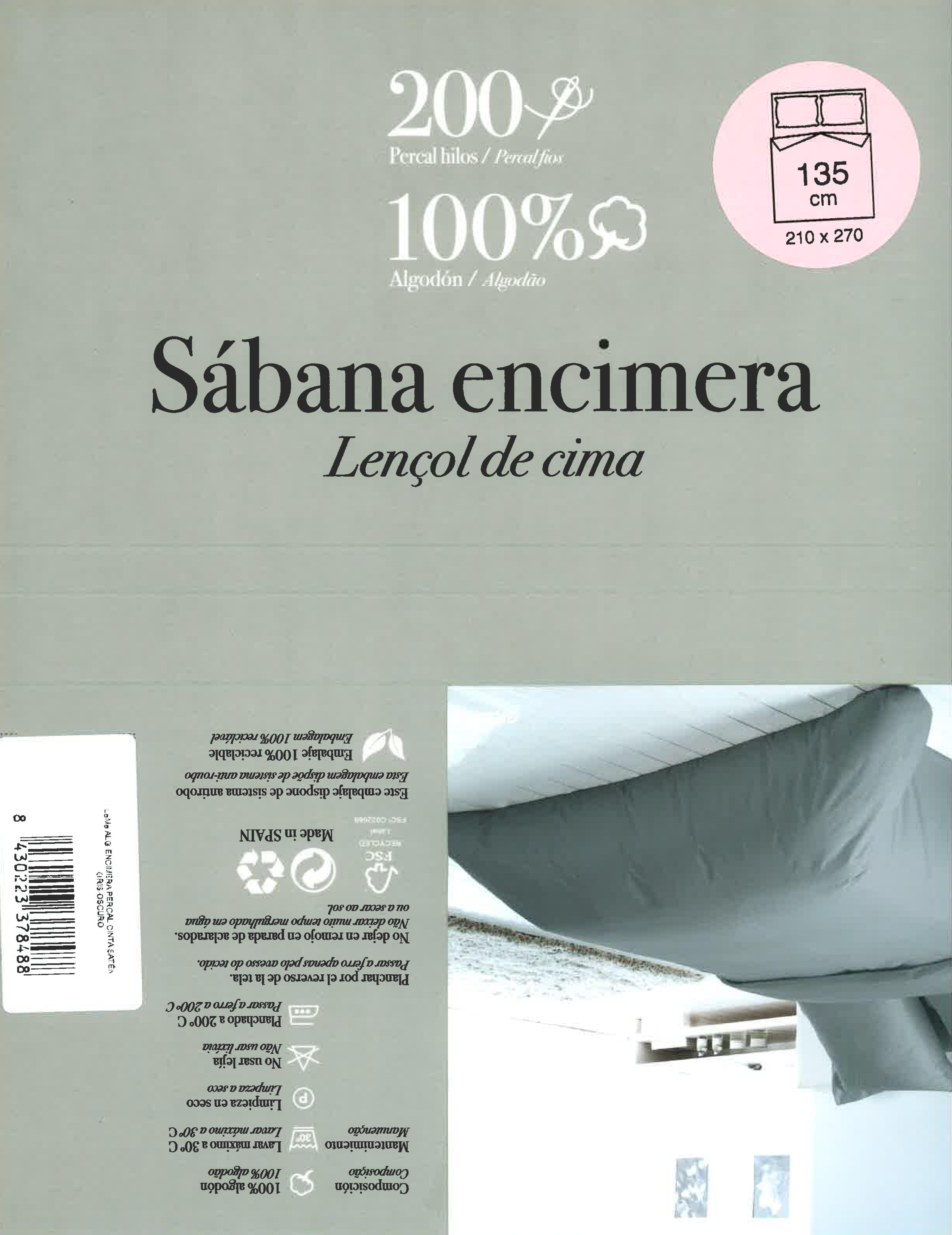 Sábana encimera Festón algodón percal 200 hilos gris 270x270 para cama de 135 cm - 3