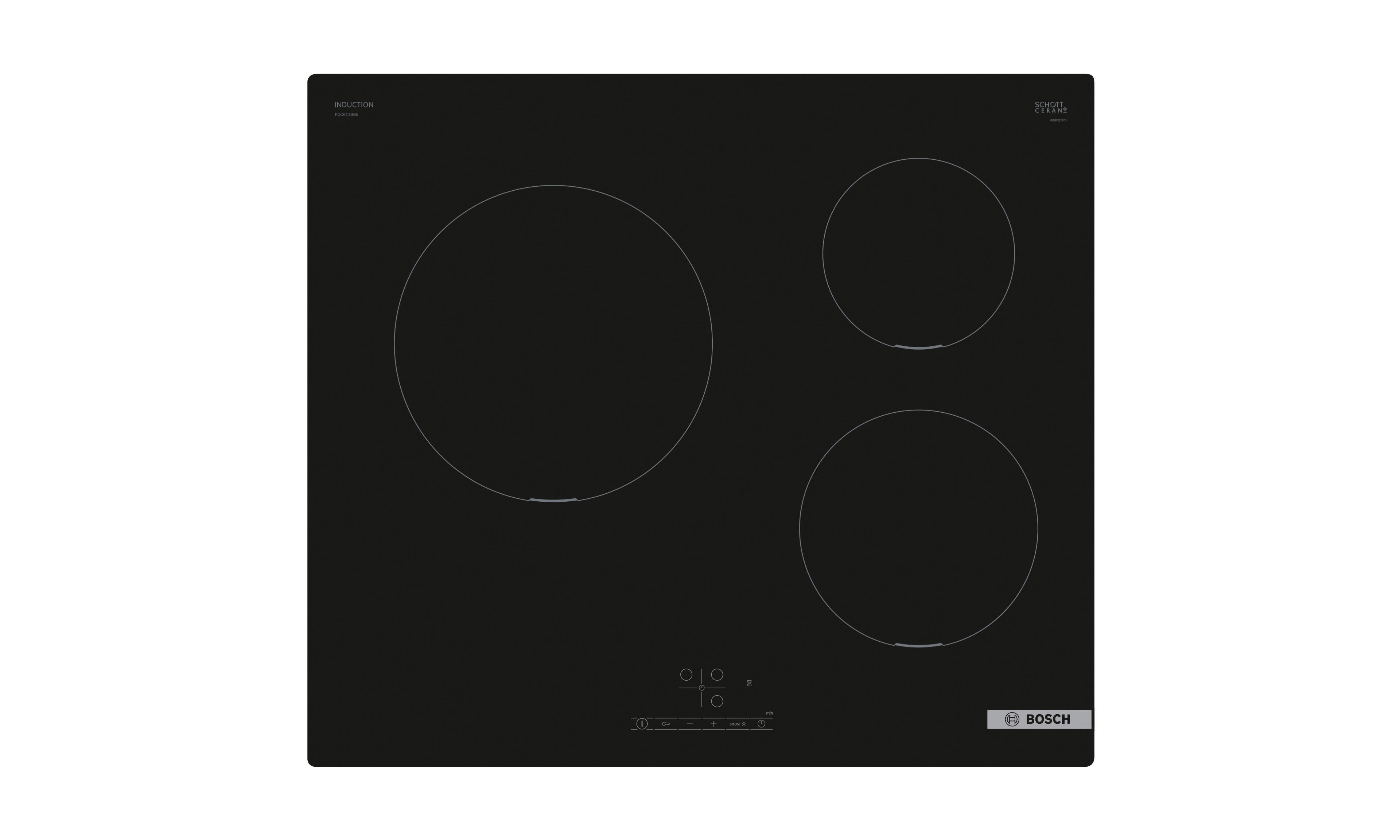 placa de induccion bosch puc611bb5e con 3 zonas de coccion zona grande de 18cm 46 w negro 60cm