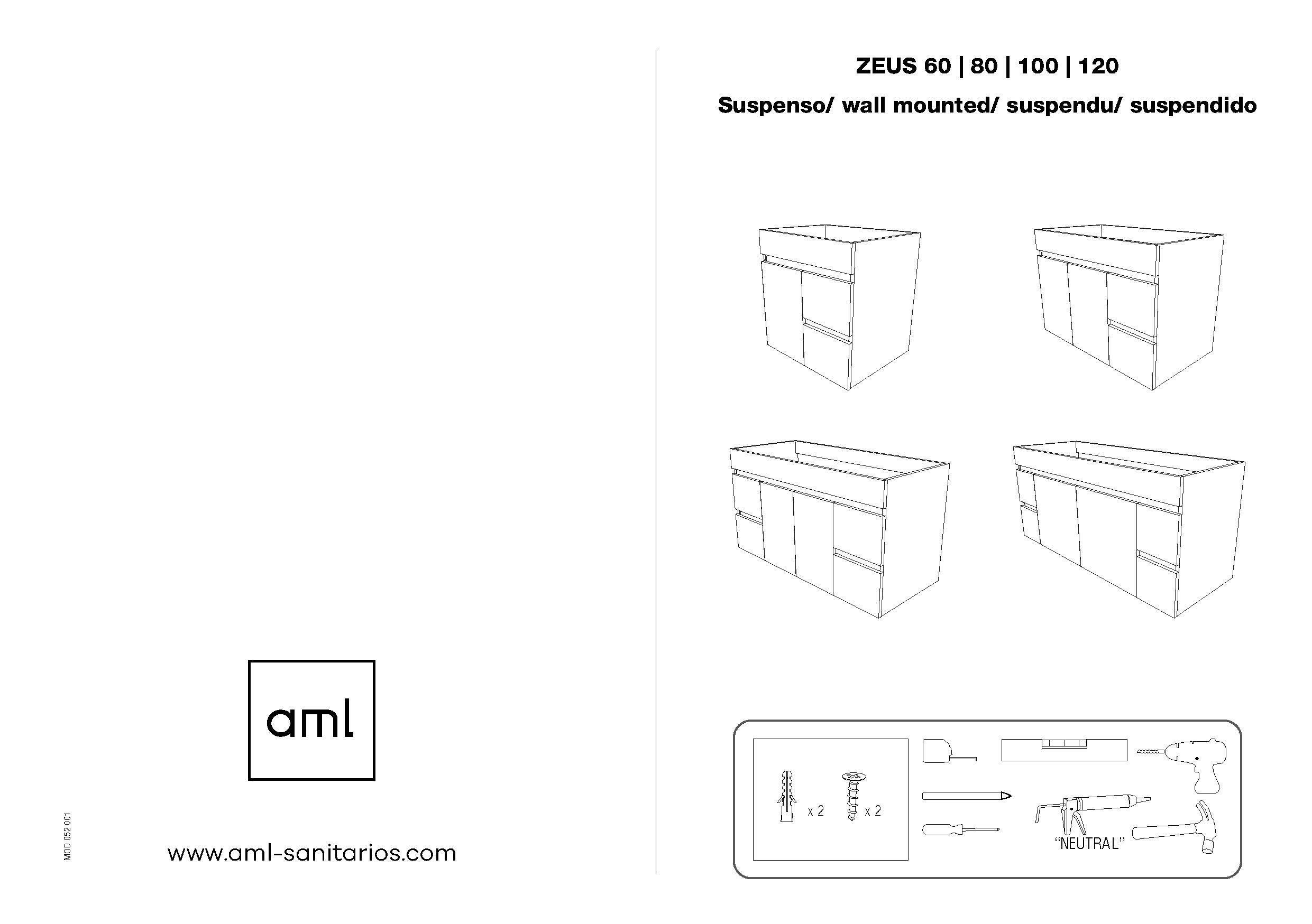 Móvel de casa de banho ZEUS SUSPENSO 100 BRANCO 2 PORTAS + 4 GAVETAS - 6