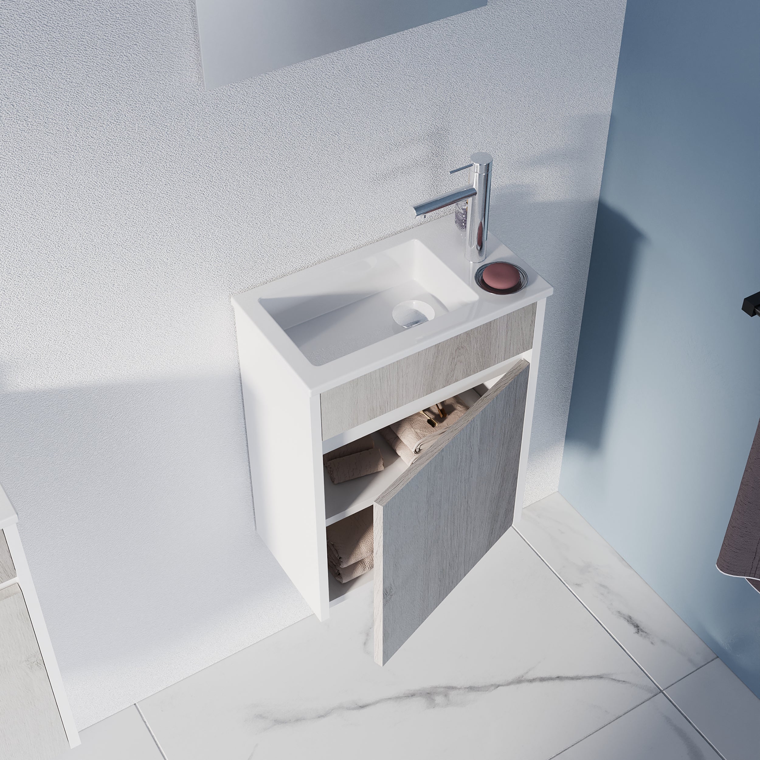 Móvel com lavatório MINI 40X22CM RESINA CARVALHO CINZENTO E BRANCO - 3