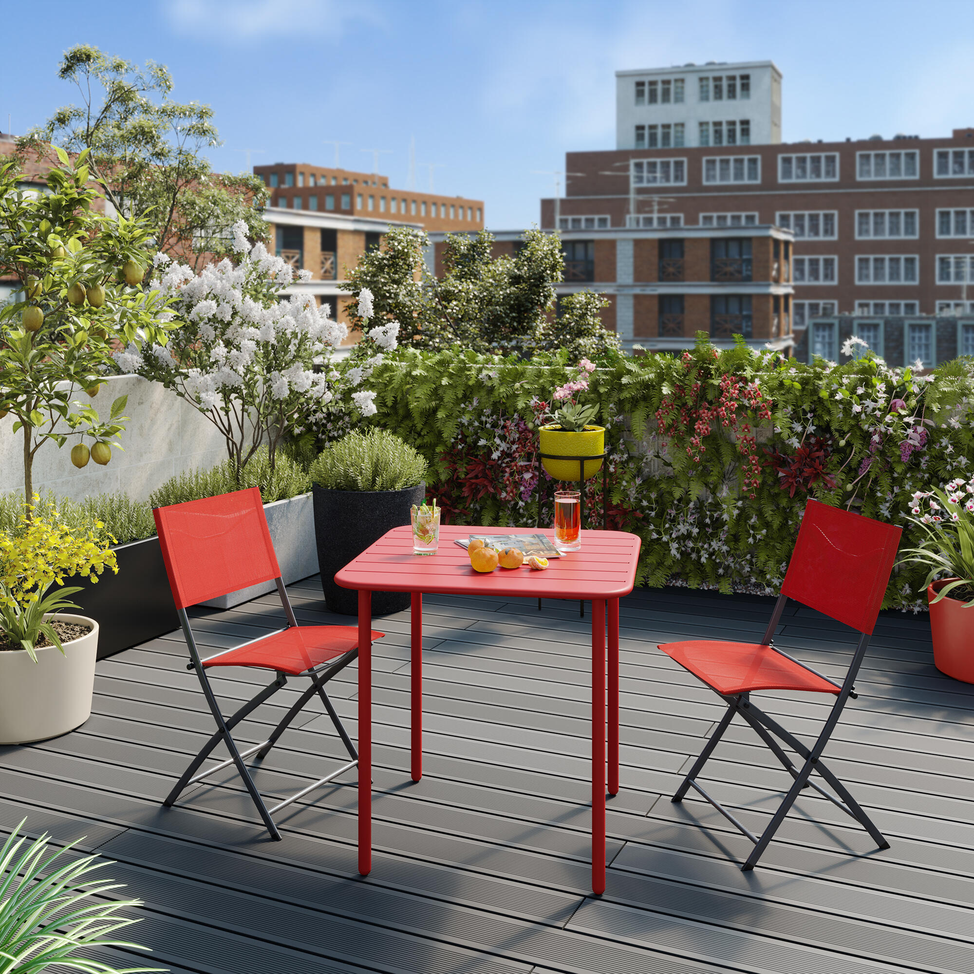 Tavolo da pranzo per giardino Cafe struttura in acciaio con piano in alluminio rosso per 2 persone 70x70cm - 2