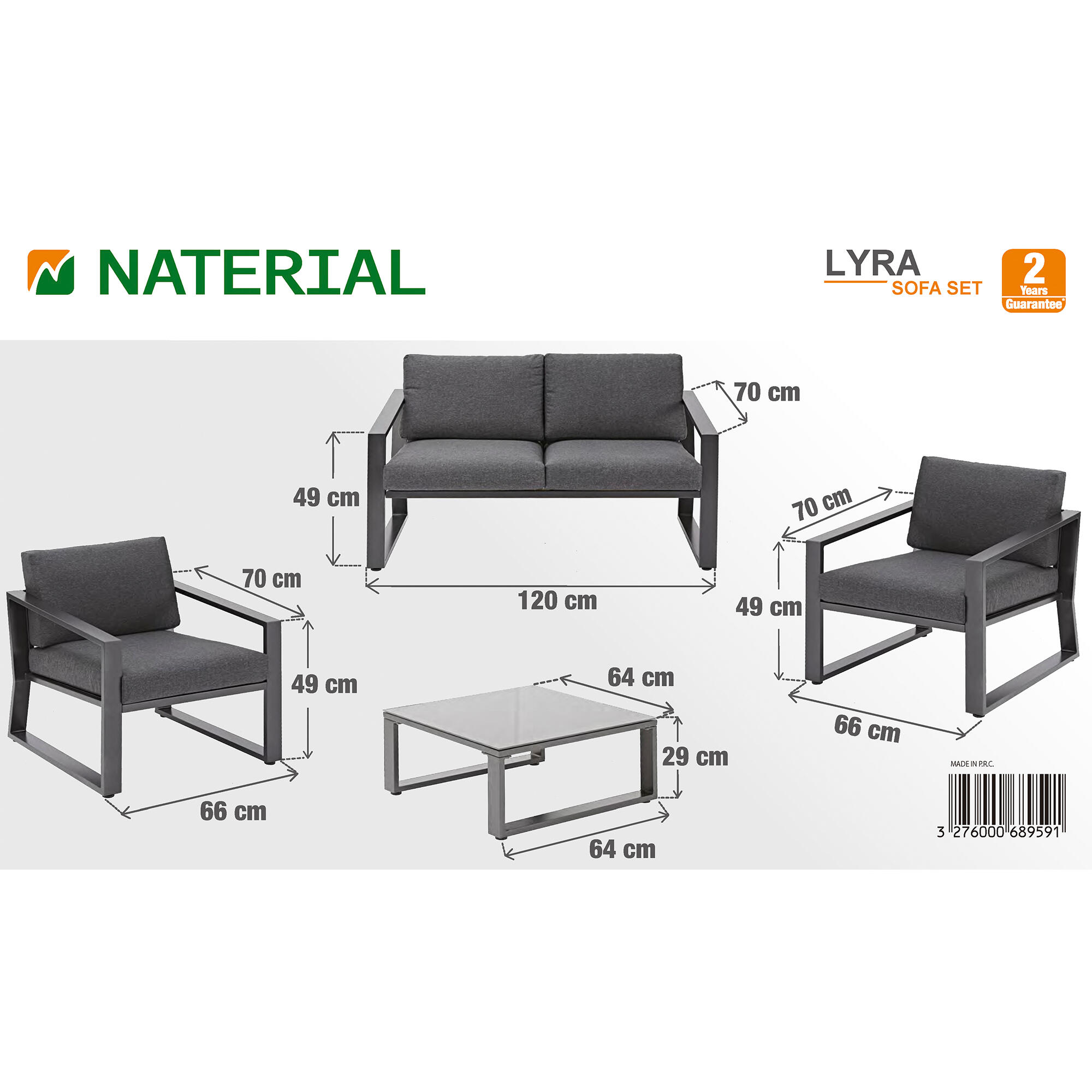 Salotto da giardino per 4 persone antracite Lyra NATERIALcon cuscini in poliestere grigio - 36