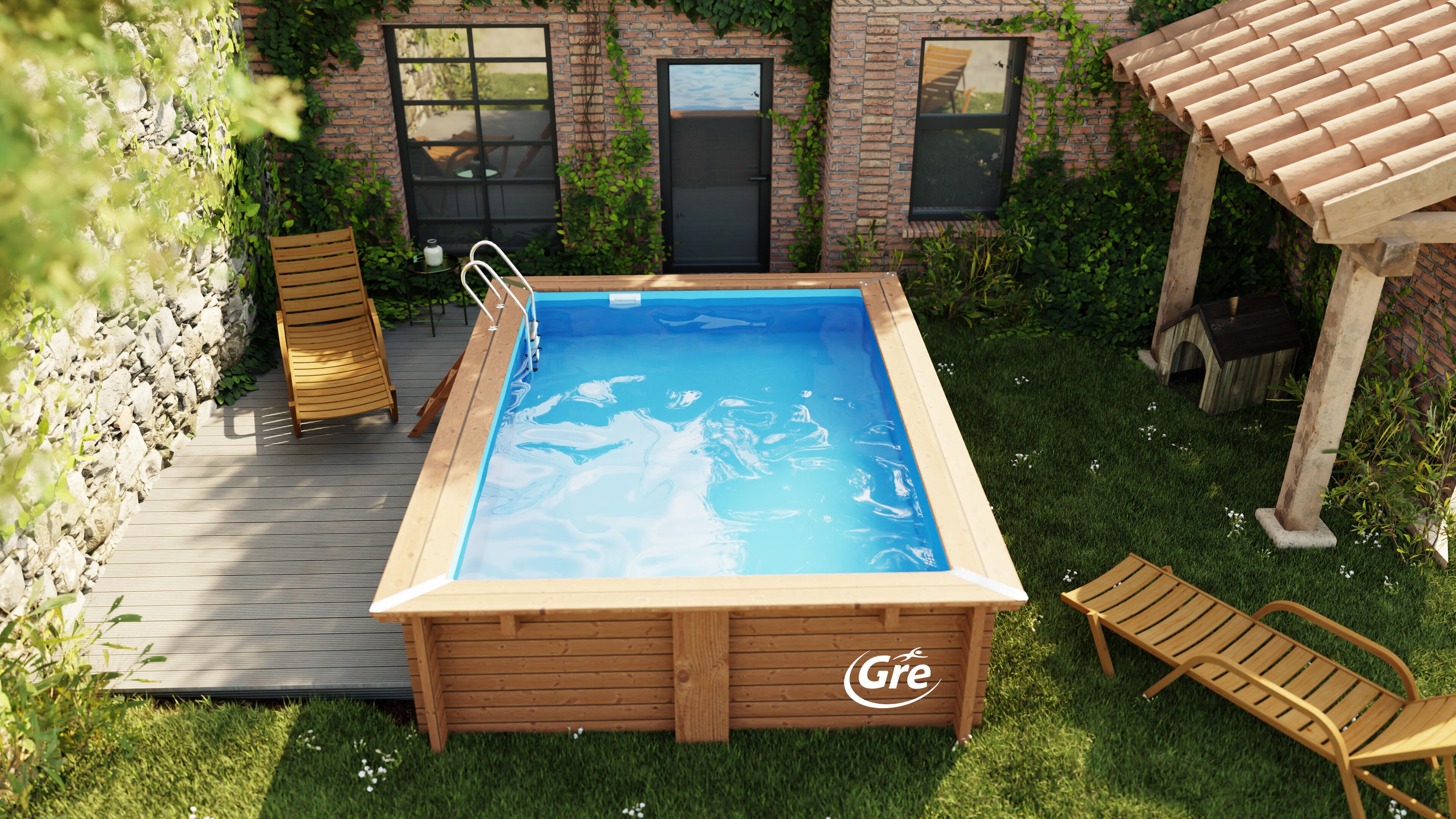 Piscina elevada de madera marrón rectangular 3.73x2.23x1.14 m con depuradora de arena y escalera de tijeras GRE - 11