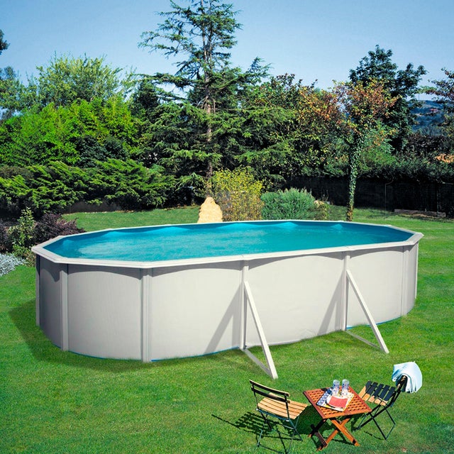 Piscina elevada de acero blanca ovalada 6.4x3.66x1.2 m con depuradora de arena y escalera de tijeras QP