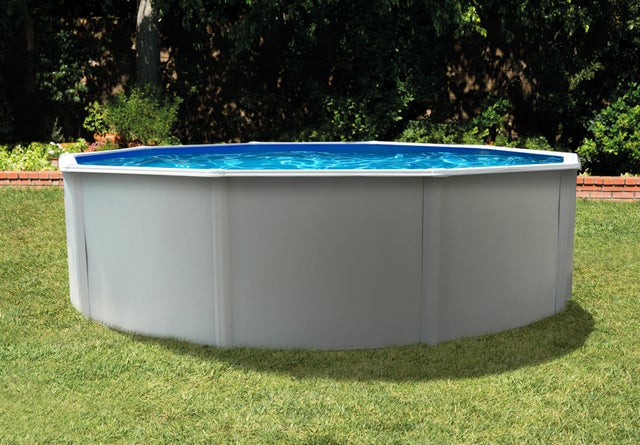 Piscina elevada de acero blanco redonda ø 4.6x1.2 m con depuradora de arena y escalera de tijeras QP