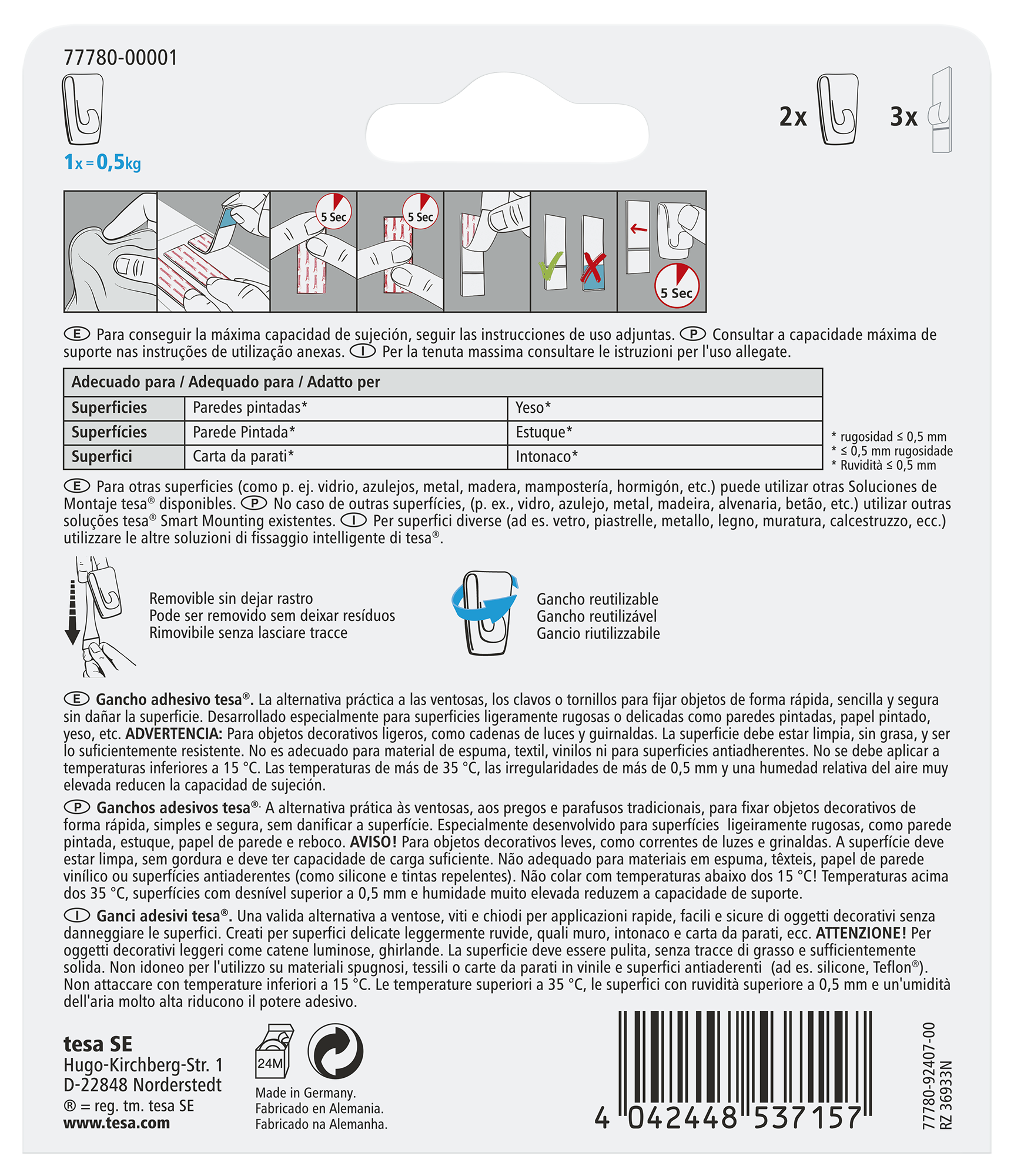 2 Ganchos adesivos retangulares branco 0,5 kg Tesa - 3