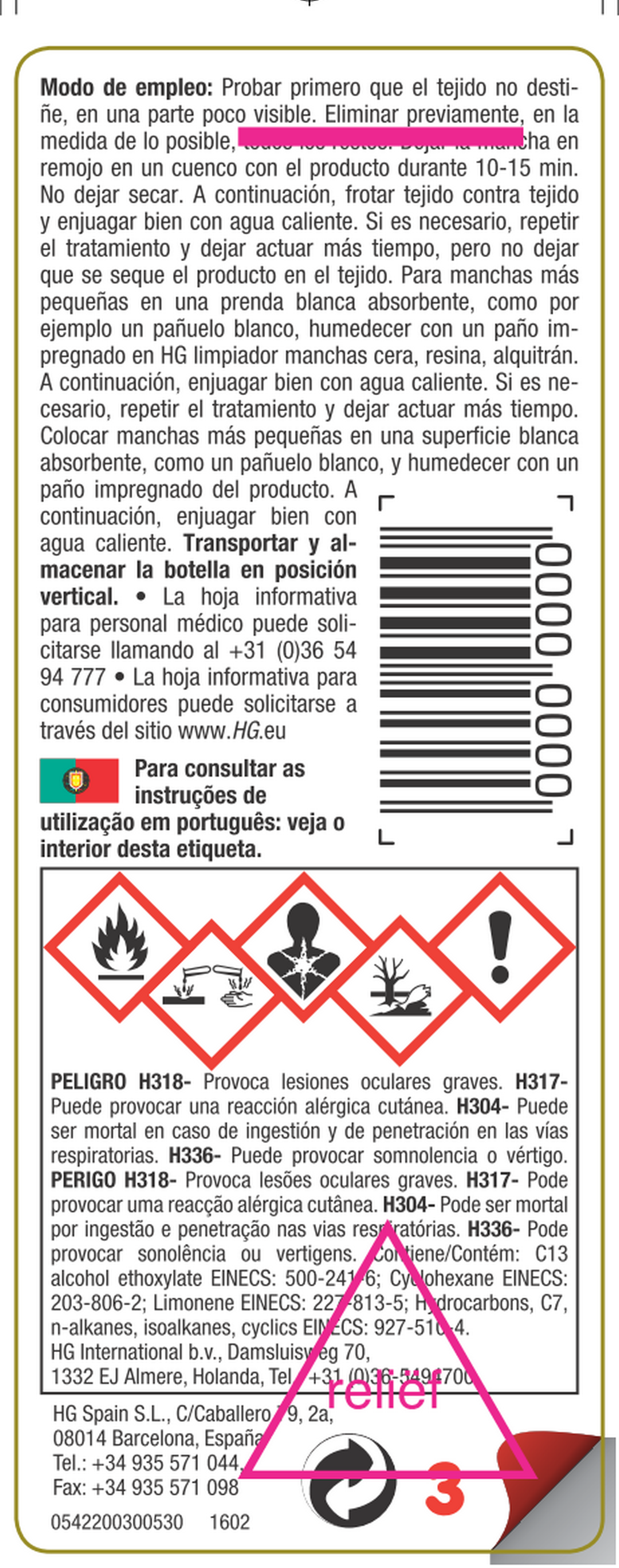 Removedor de manchas tecidos N3 cera, resinas, alcatrão 50 ml HG - 2