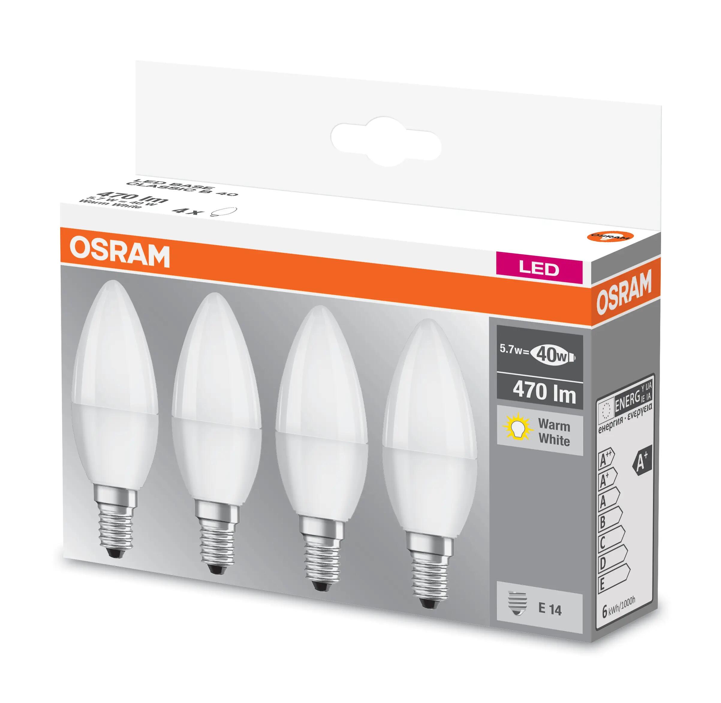 Set da 4 lampadine LED, E14 goccia, fumé, luce calda, 5.5W= 470 LM (equiv 40 W), 220°, OSRAM - 3