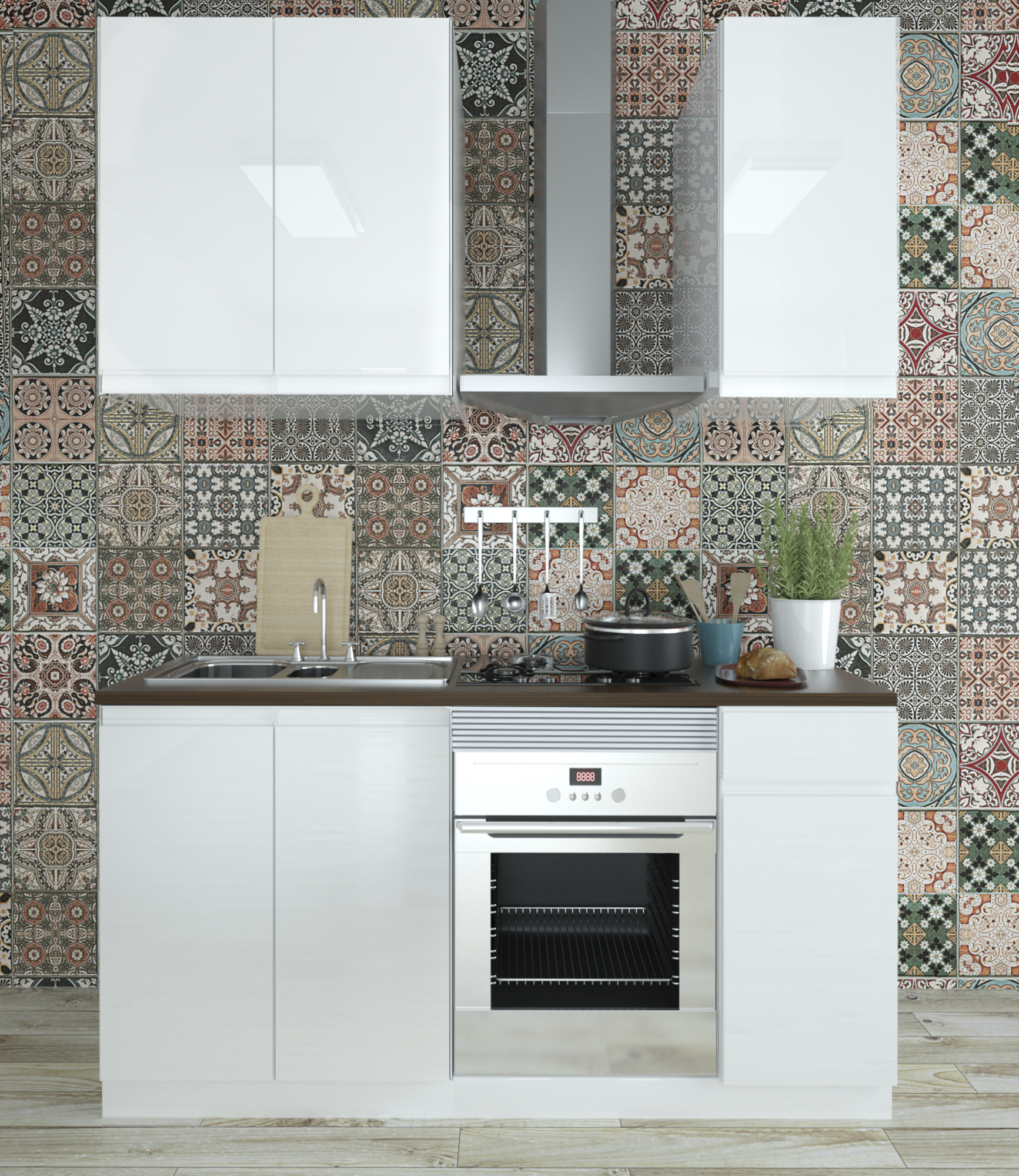 Cocina en kit tokyo blanco brillo 180 cm con 2 módulos altos + 3 módulos bajos