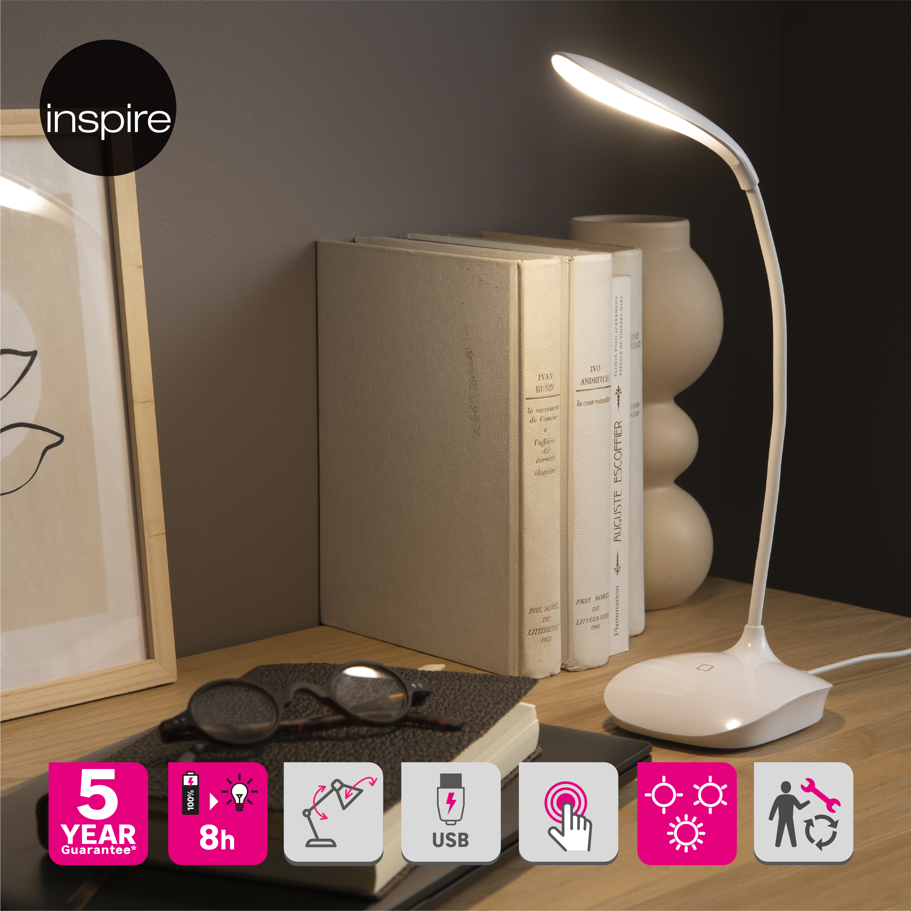 Lampada da scrivania LED moderno Murray bianco, luce naturale 200 LUMEN, INSPIRE - 3