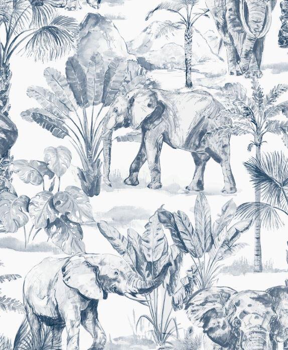Papier peint intissé Toile de jouy éléphant bleu - 3
