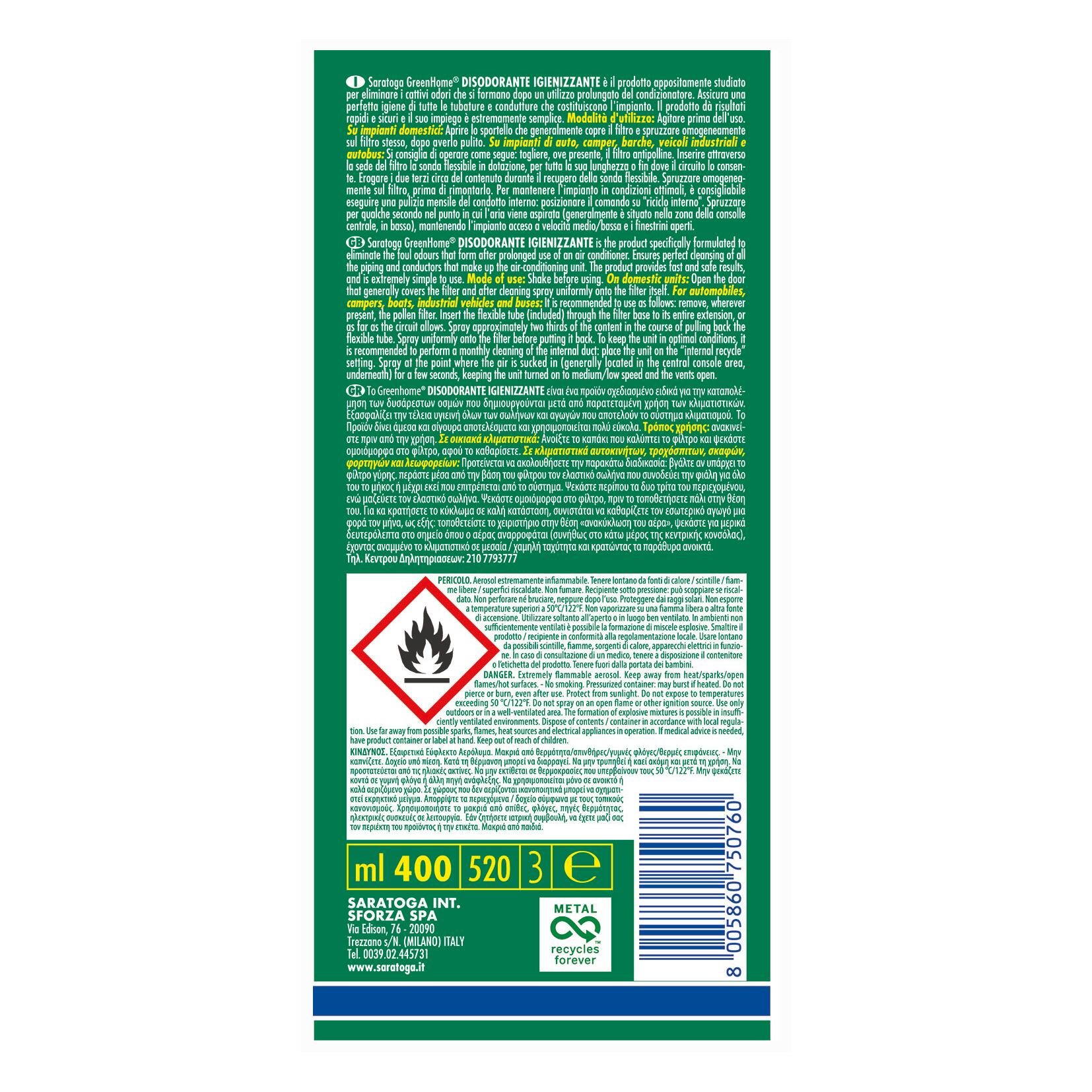 Pulitore spray SARATOGA GreenHome deodorante igienizzante 0.4 L - 2