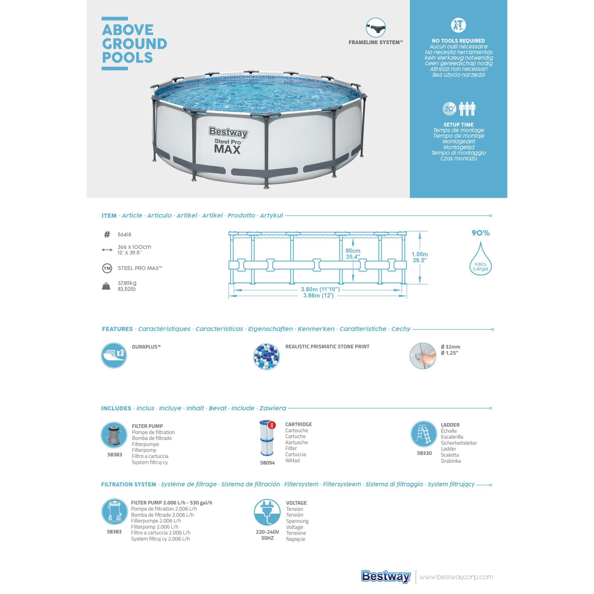 Piscina tubular BESTWAY STEEL PRO MAX D366X100CM +ESCADA+FILTRO CARTUCHO+RECARGA - 9