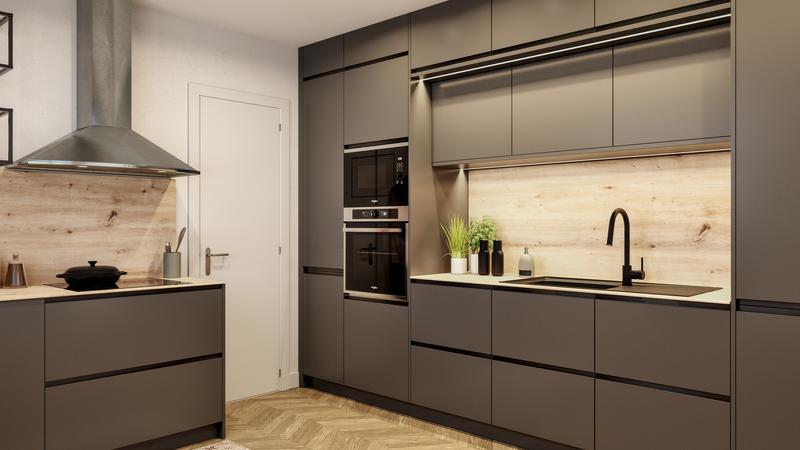 Cocina gris antracita y madera: diseño actual para revalorizar un piso
