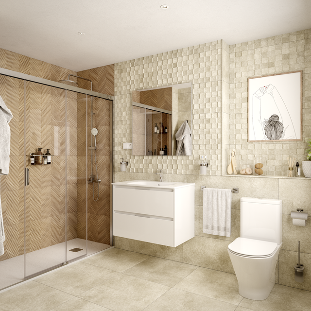 Baño de casa moderna con revestimientos con relieve. 