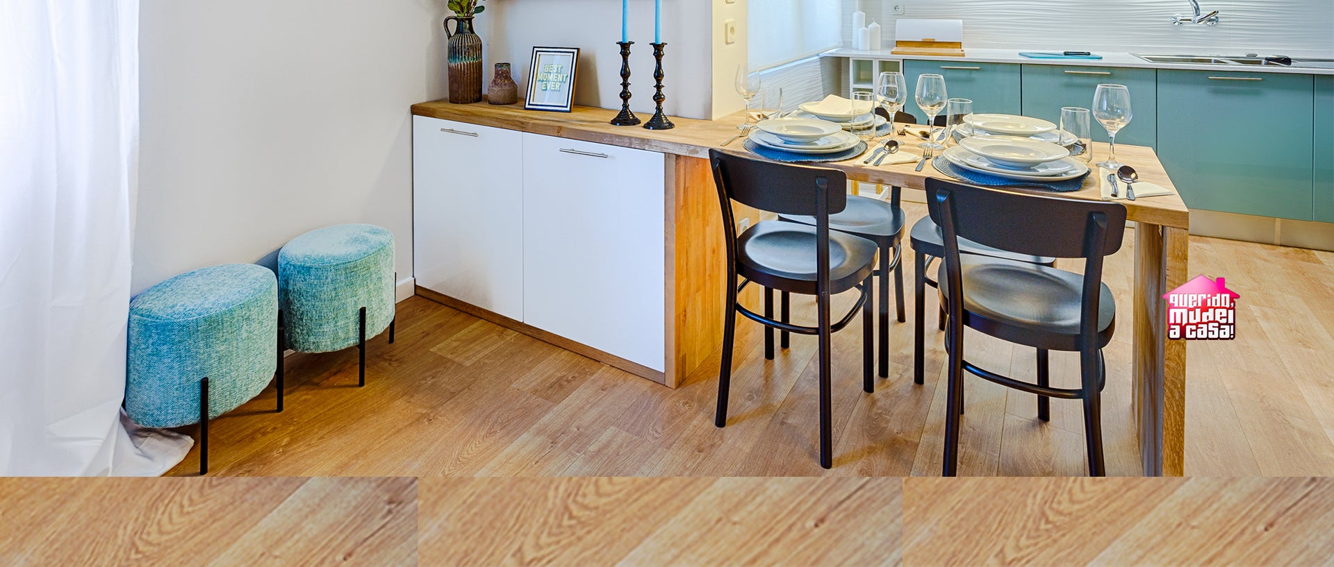 mesa de cozinha e móvel de sala a dividir duas zonas