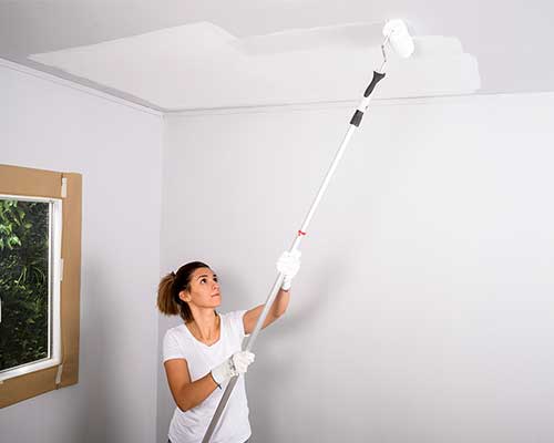 senhora com rolo e punho telescópico a pintar o teto com tinta branca