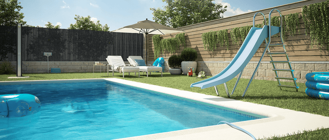 jardim com uma piscina de enterrar com um escorrega 