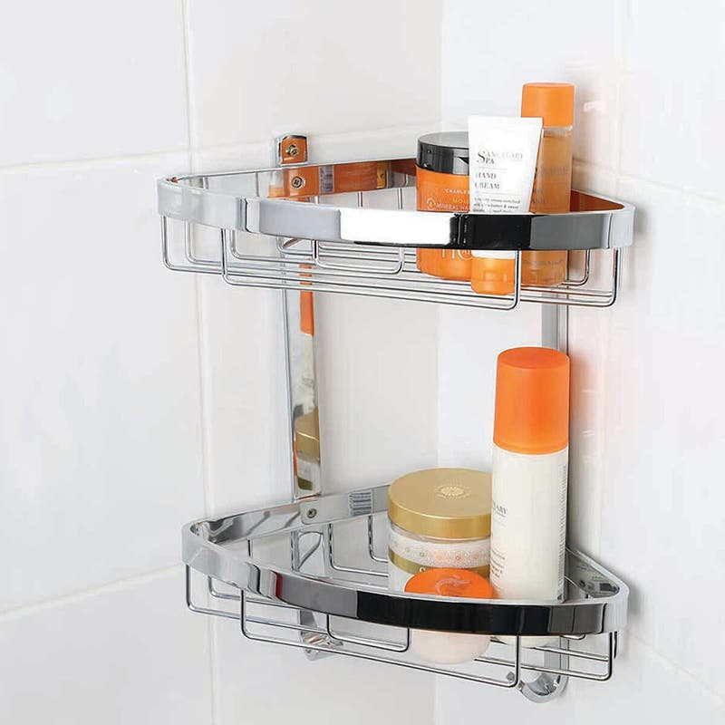 Mensola a due contenitori portaoggetti per arredamento da doccia  complemento da appendere al muro con ganci profondità variabile