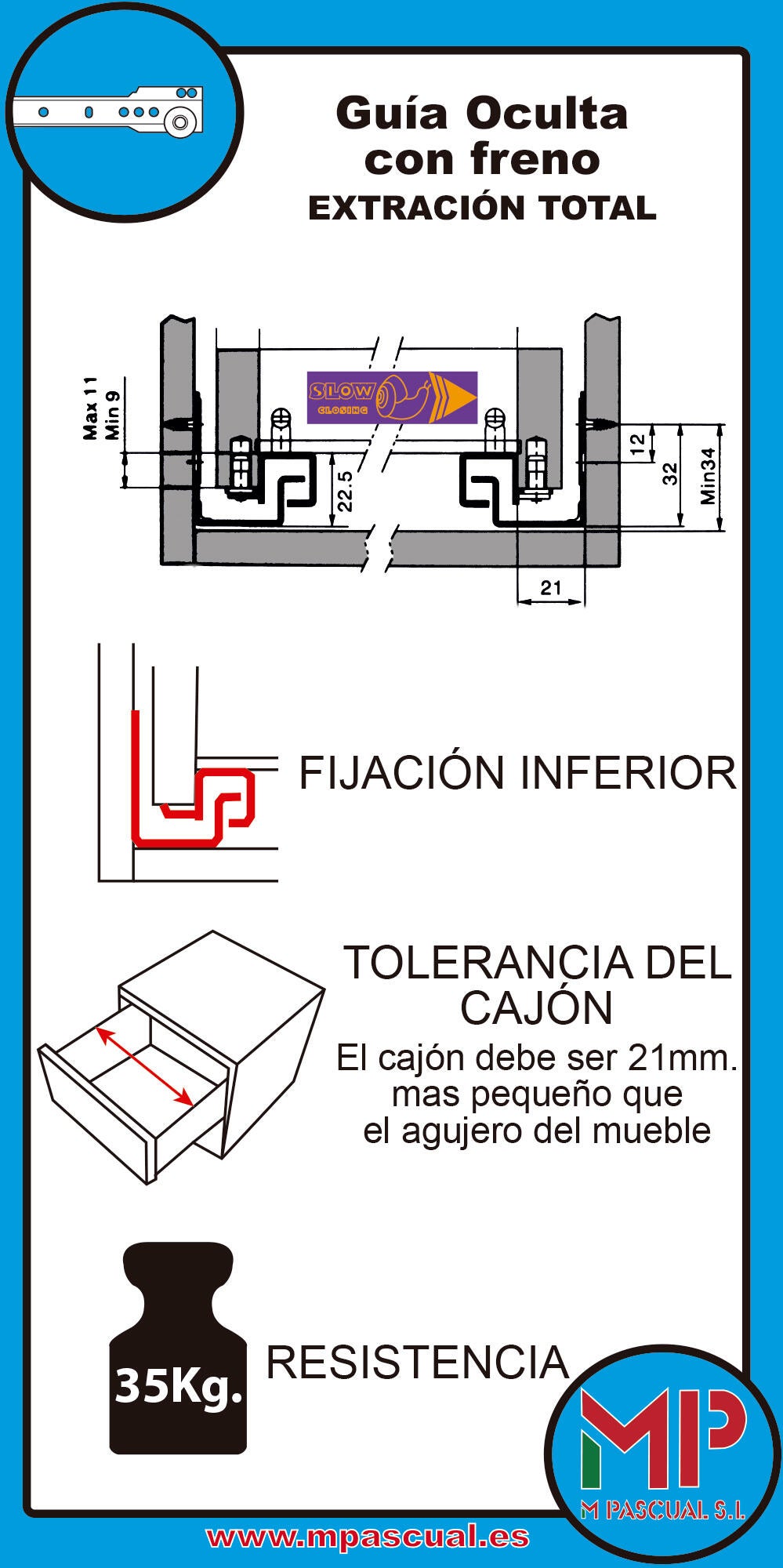 Guía para cajón de bolas 45 cm, apertura total; fijación inferior, carga  kg - 5