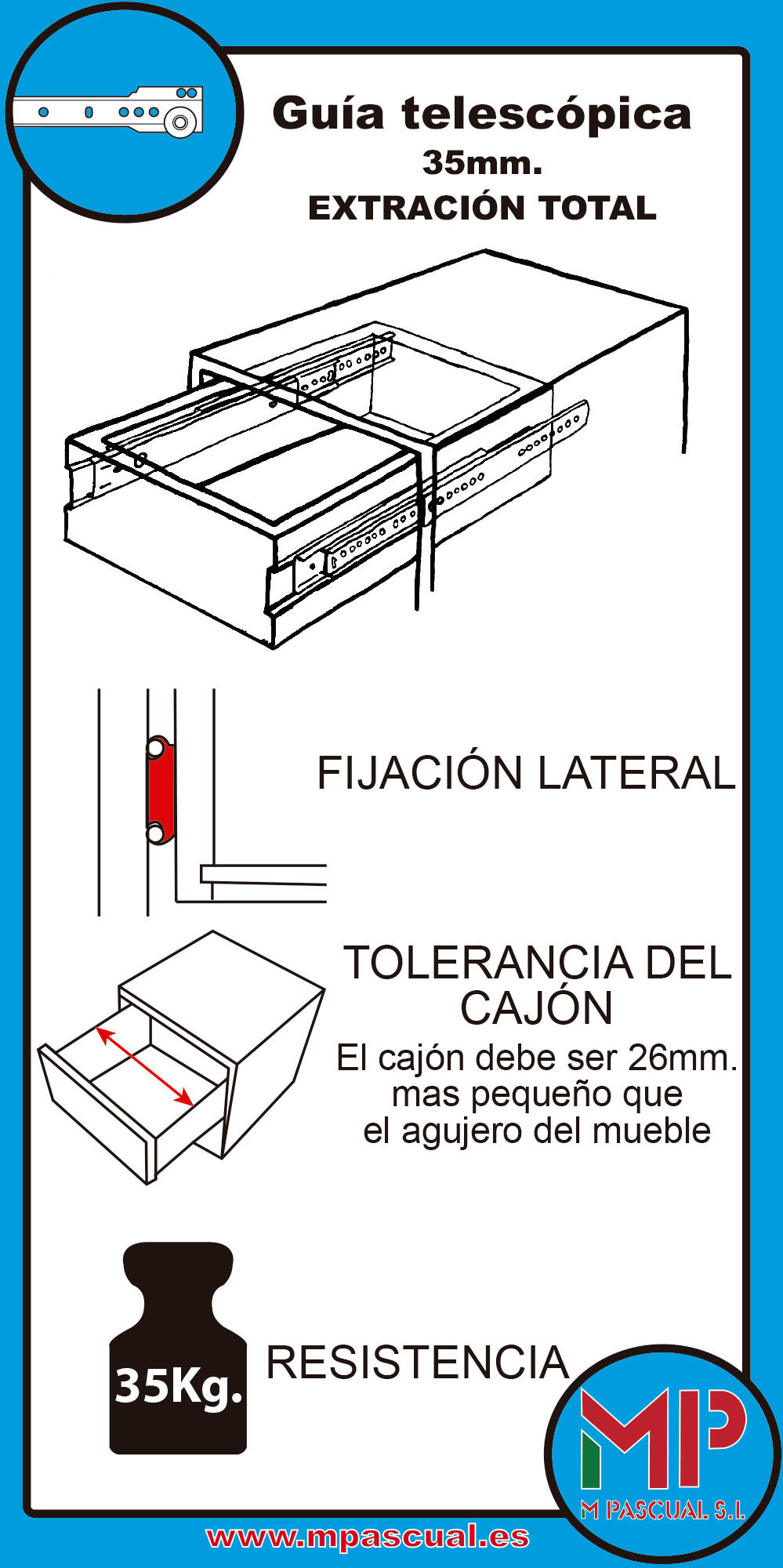 Guía para cajón de bolas 45 cm, apertura total; fijación lateral, carga 20 kg - 6