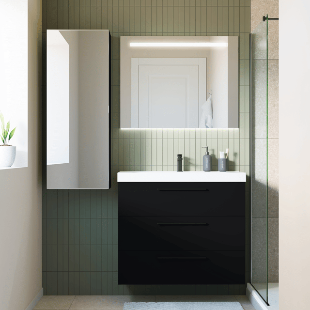Mobile bagno sospeso con lavabo L 90 x H 73 x P 46 cm nero opaco 3 cassetti per vasca centrale Remix