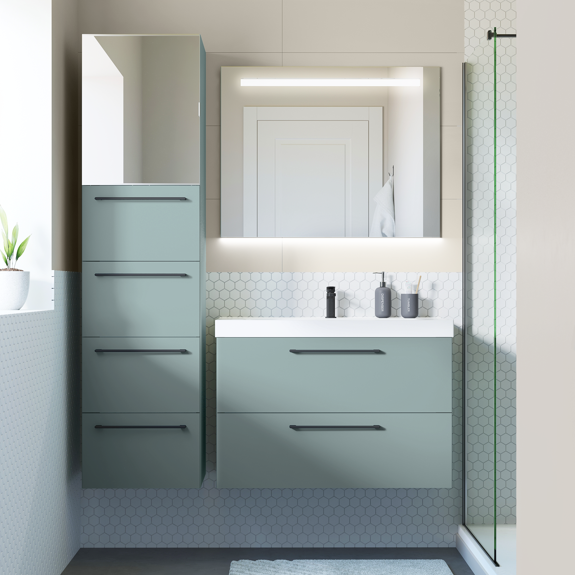 Mobile da bagno sospeso sotto lavabo L 90 x H 58 x P 46 cm verde laminato opaco, 2 cassetti SENSEA Remix - 2