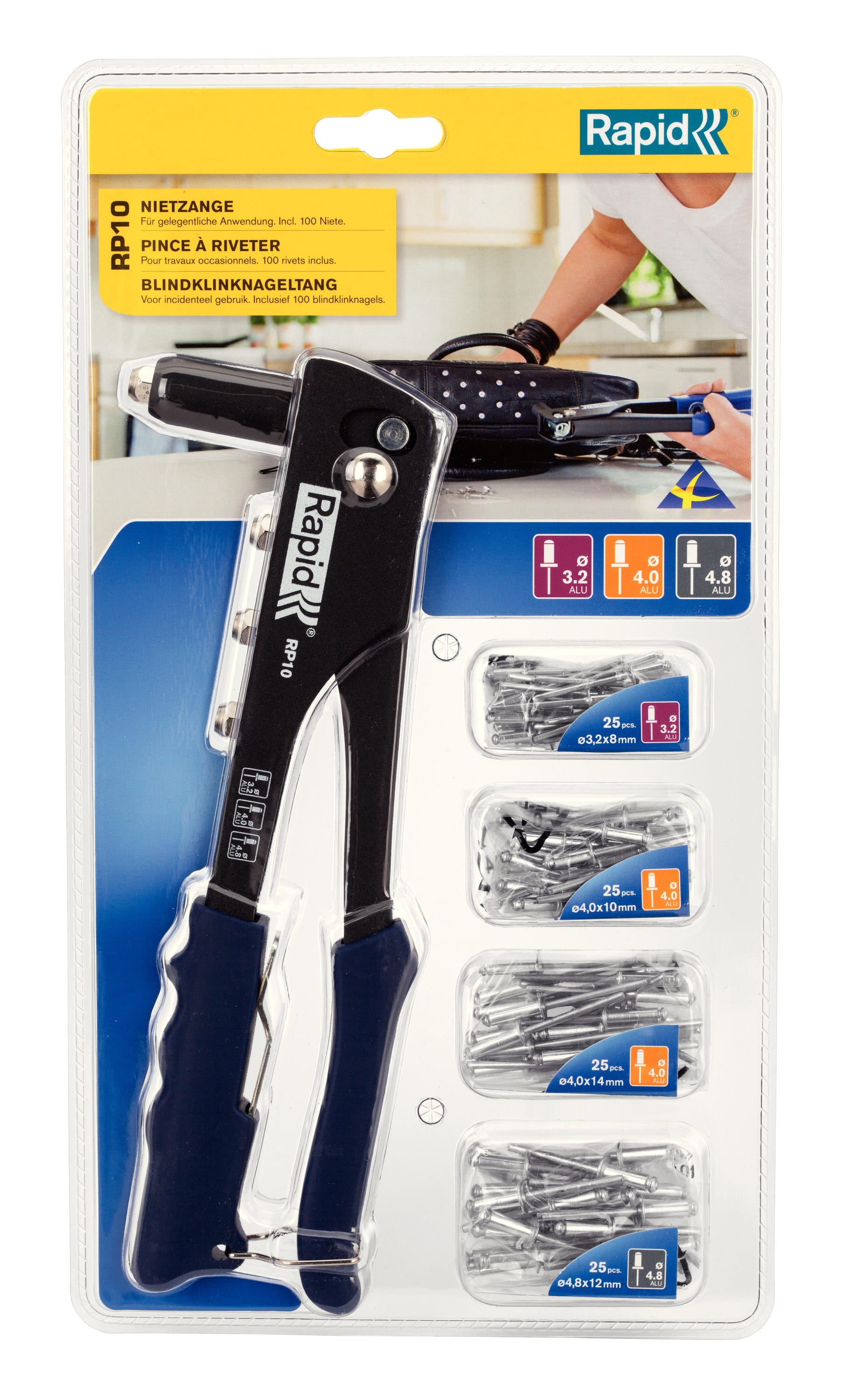 Lot pince à riveter RAPID RP10 avec 100 rivets aluminium Ø3,2 / 4,0 et ...