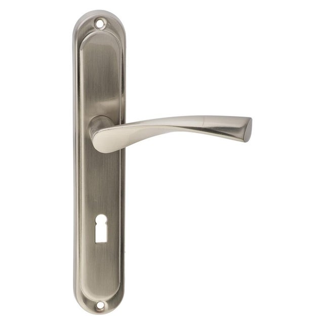 Klamka do drzwi wewnętrznych z długim szyldem pod klucz Romana 72 Nikiel szczotkowany Domino