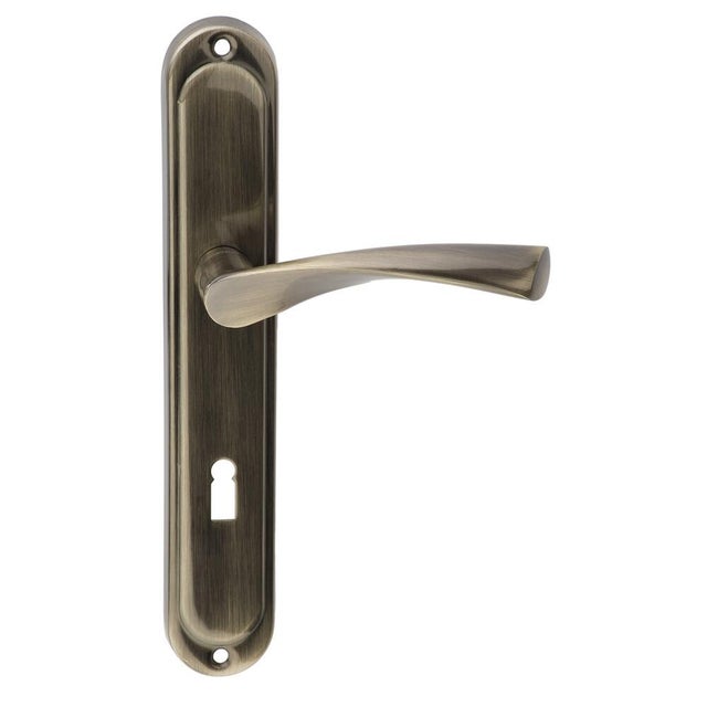 Klamka do drzwi wewnętrznych z długim szyldem pod klucz Romana 72 Mosiądz Patyna Domino