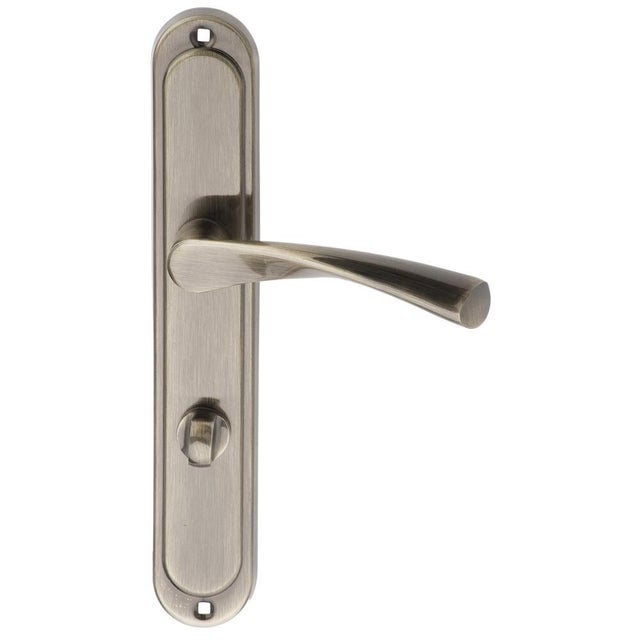 Klamka do drzwi wewnętrznych z długim szyldem do wc Romana 72 Mosiądz Patyna Domino