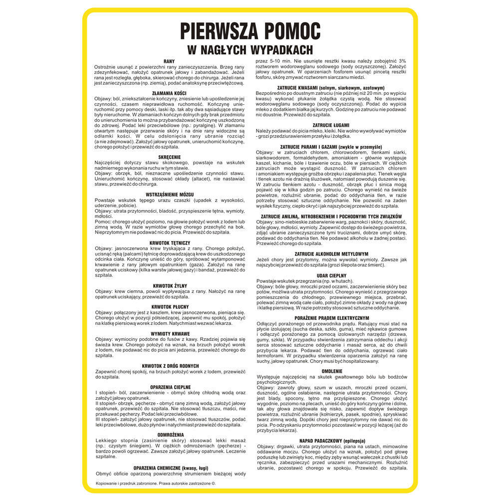 Tablica 'Instrukcja pierwszej pomocy w nagłych wypadkach' 24.5x35 cm