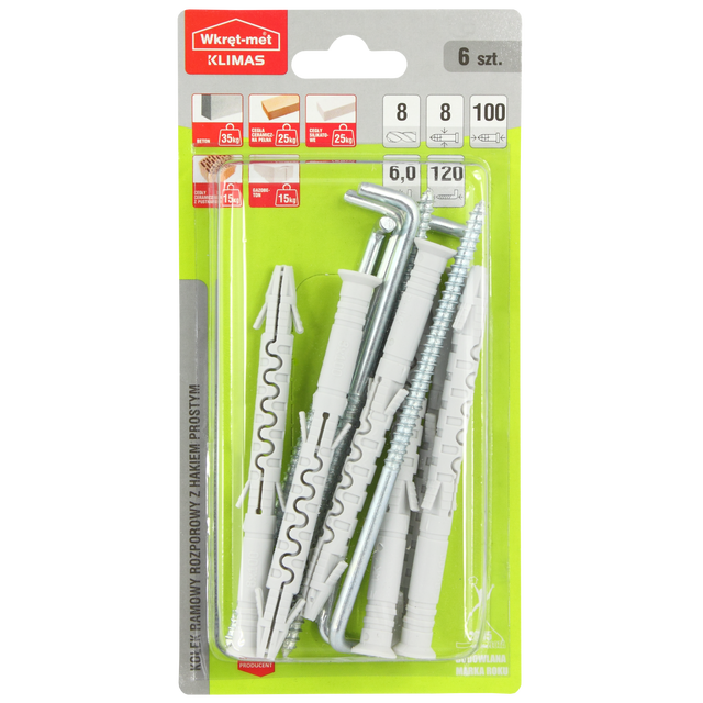 Kołek ramowy z hakiem PR 8 x 100 mm 6 szt. Wkręt-met