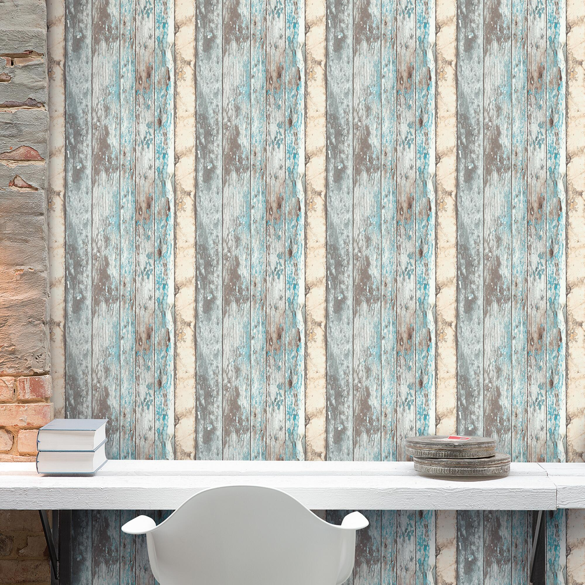 Papel pintado vinilo liso madera exposed azul