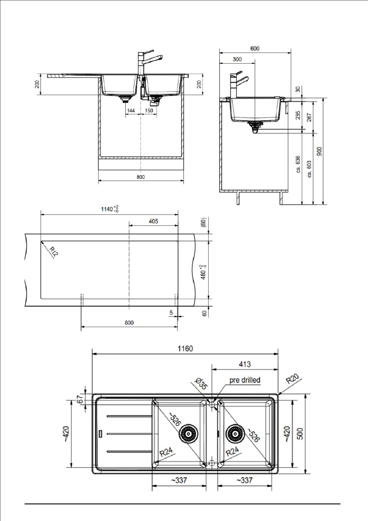 Lavello Da Incasso 2 Vasche Acciaio Inox - 116x50 Cm, Gocciolatoio, Foro Scarico 3.5", Prelucido