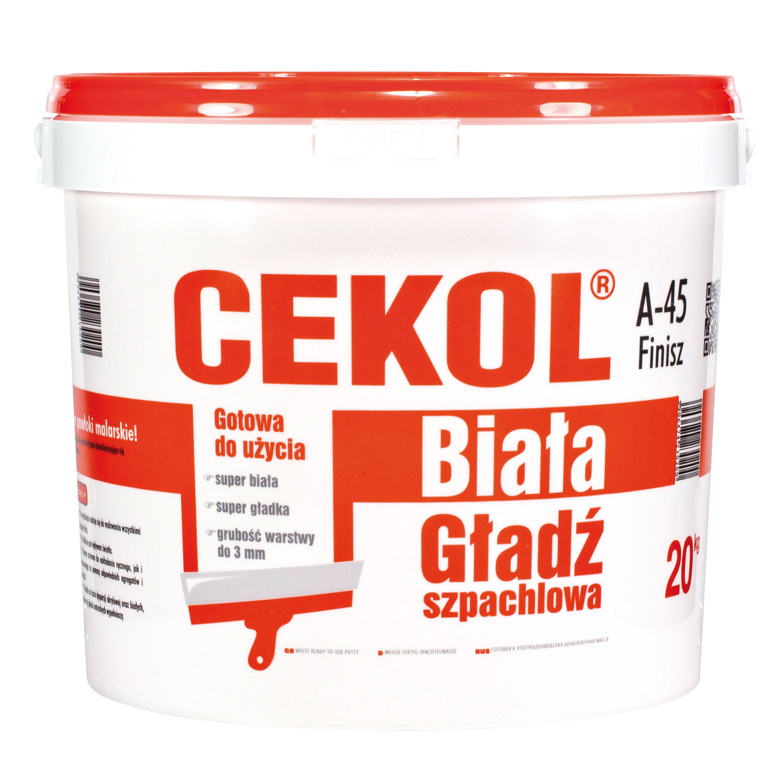 Gotowa biała masa szpachlowa A-45 finish 20 kg Cekol