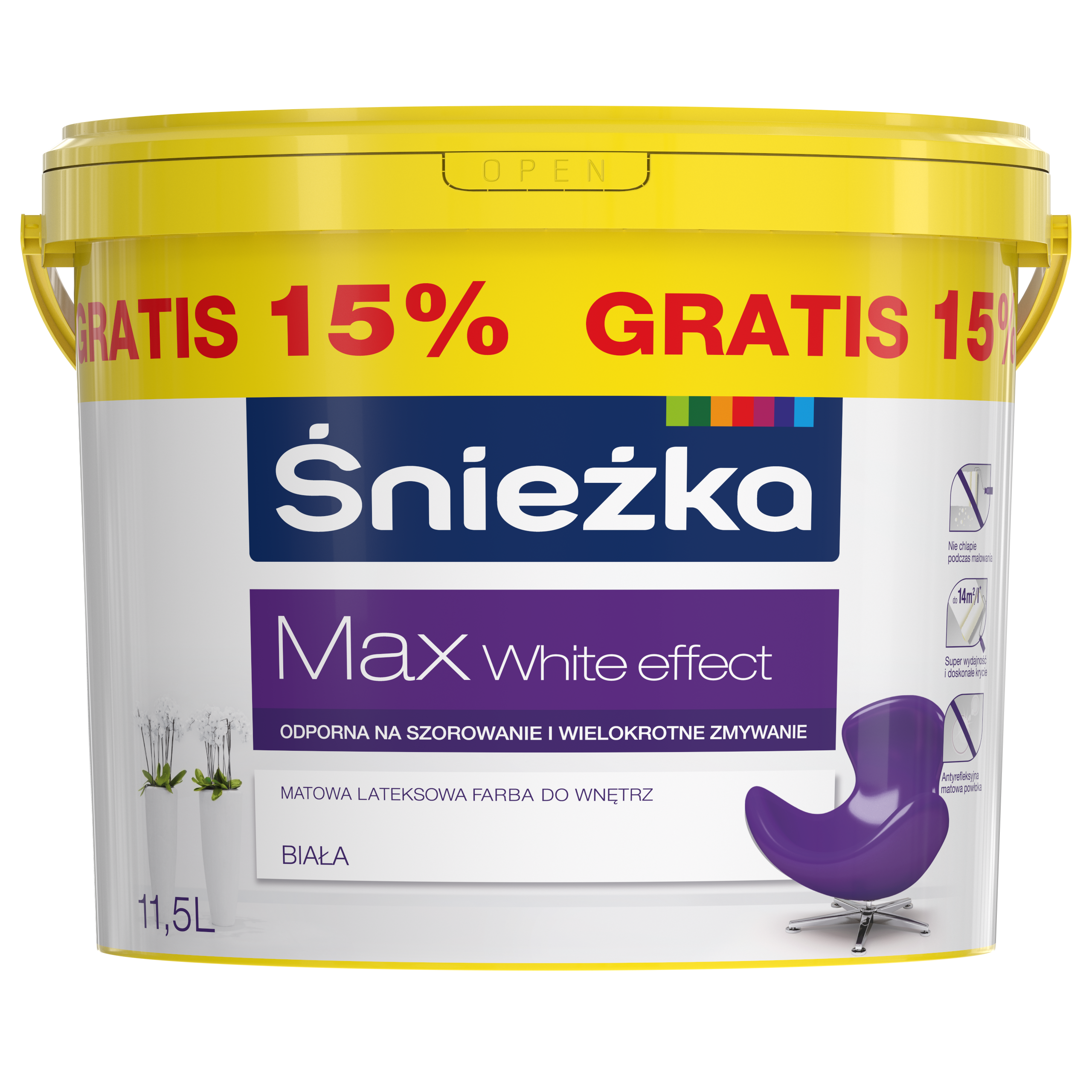 Farba wewnętrzna Max White Effect 10 l + 15% biała Śnieżka