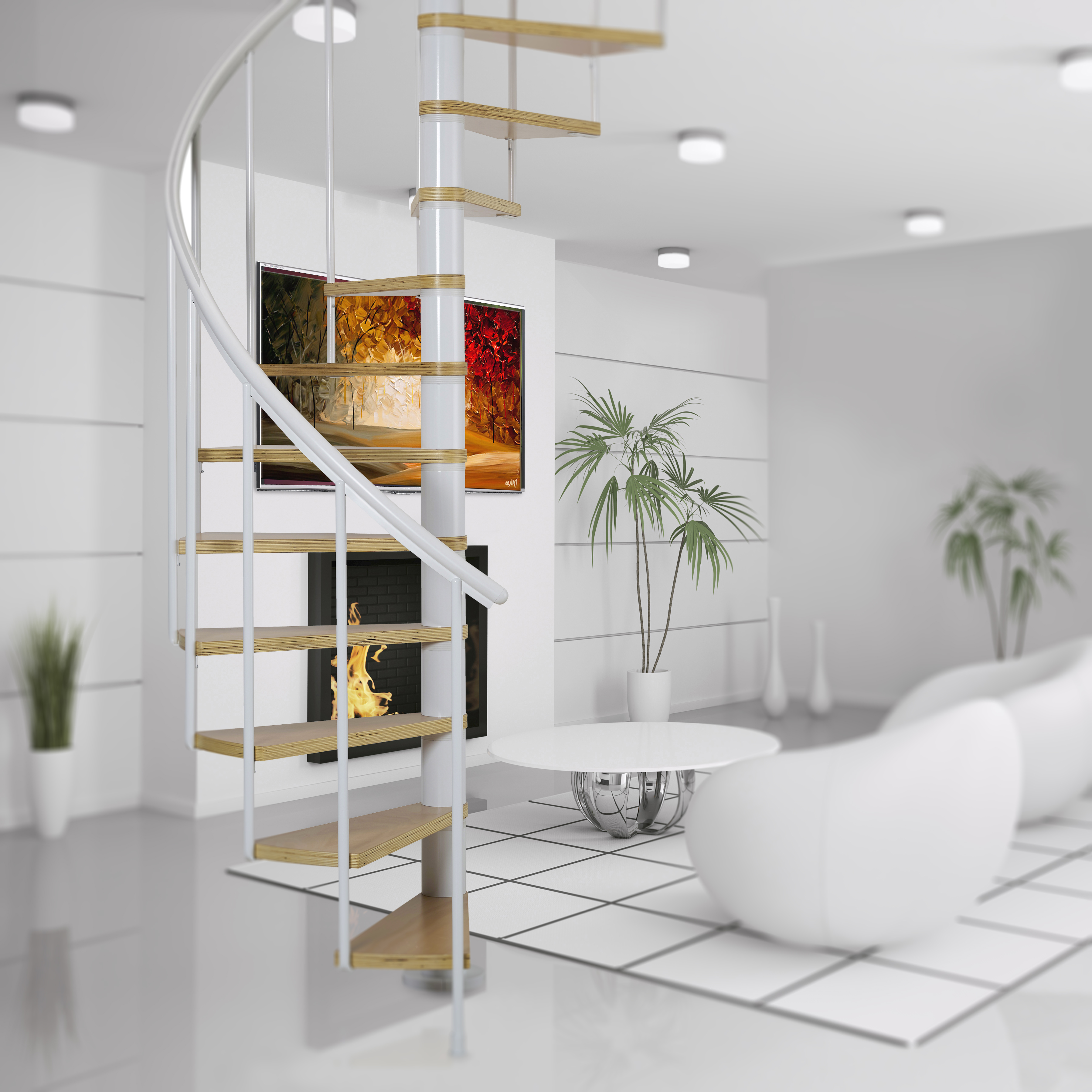 Schody spiralne białe Calgary średnica 120 cm stopnie szerokość 62.7 cm Buk 11 sztuk Dolle