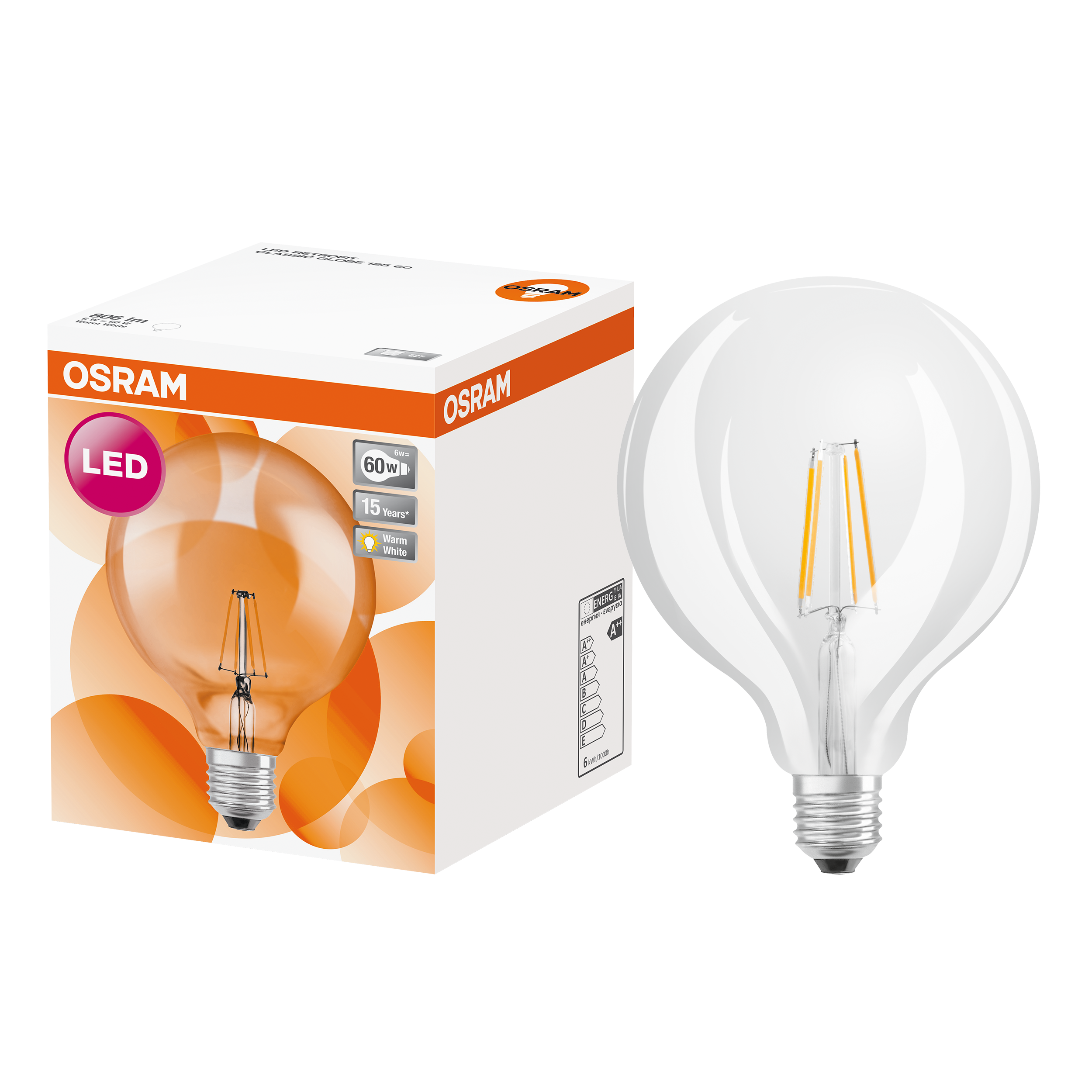 Lampadina LED, E27 globo, trasparente, luce calda, 7W= 806 LM 320°, OSRAM - 7