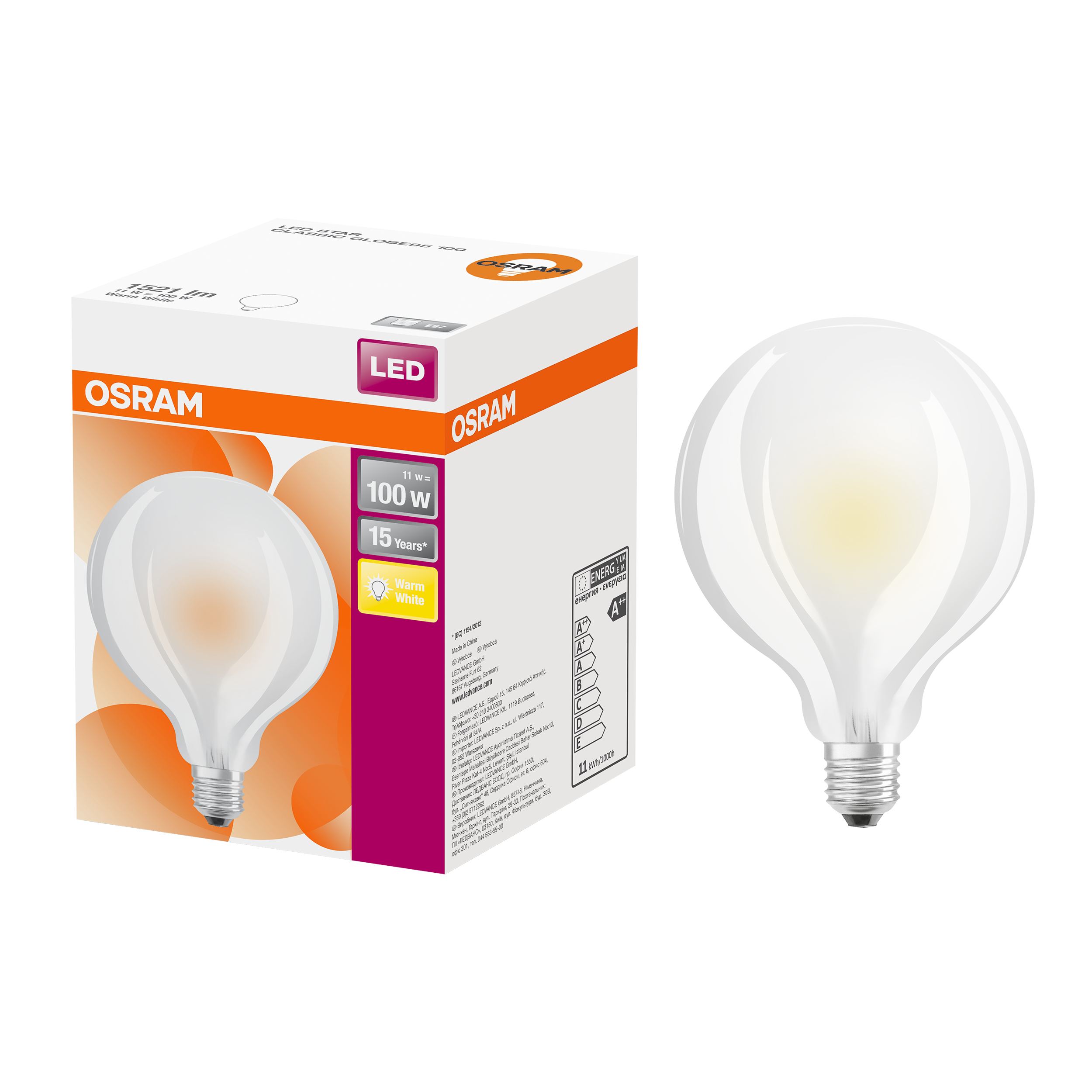 Lampadina LED, E27 globo, smerigliato, 11.5W = 1521 LM (equiv 100 W), 330°, OSRAM - 5