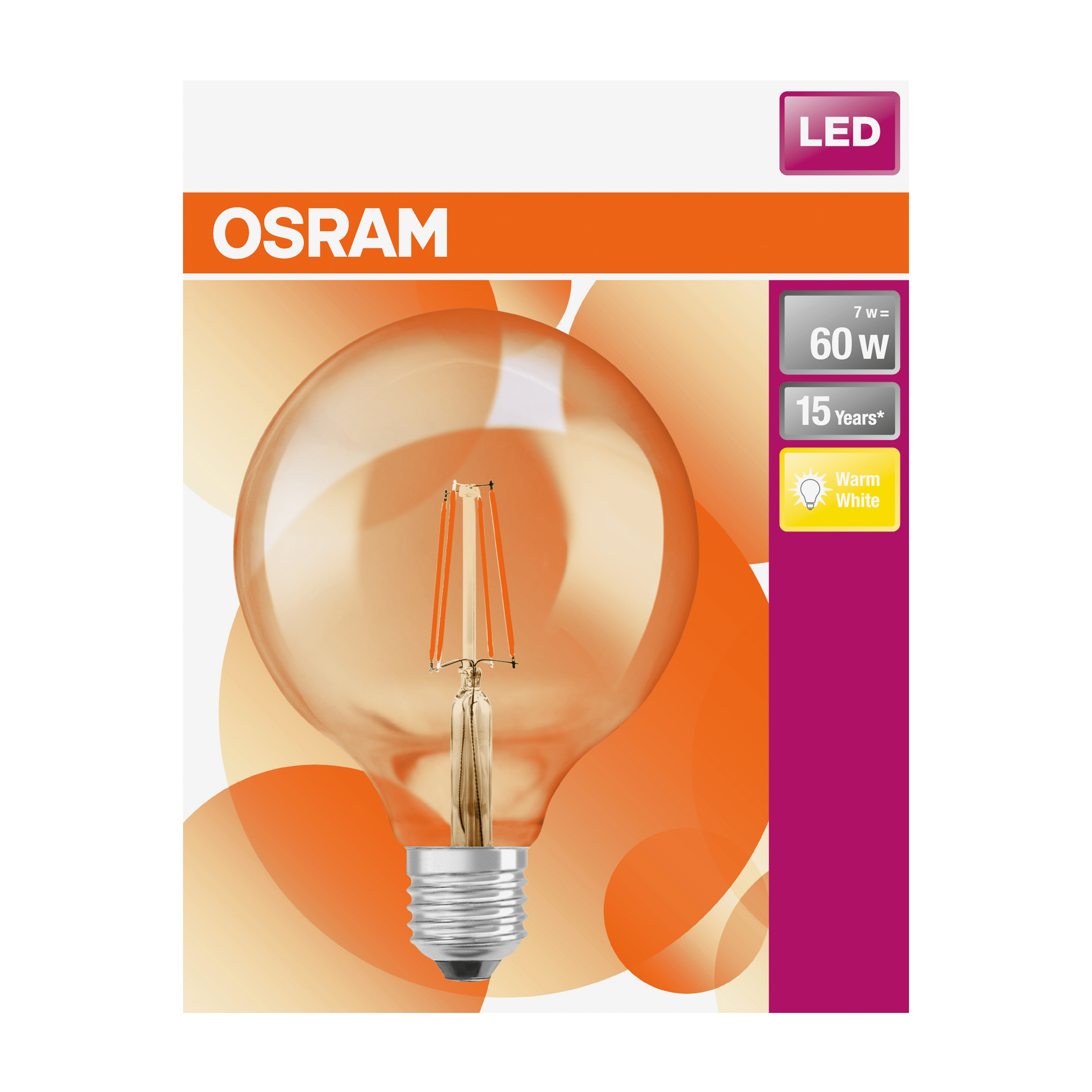 Lampadina LED, E27 globo, trasparente, luce calda, 7W= 806 LM 320°, OSRAM - 9