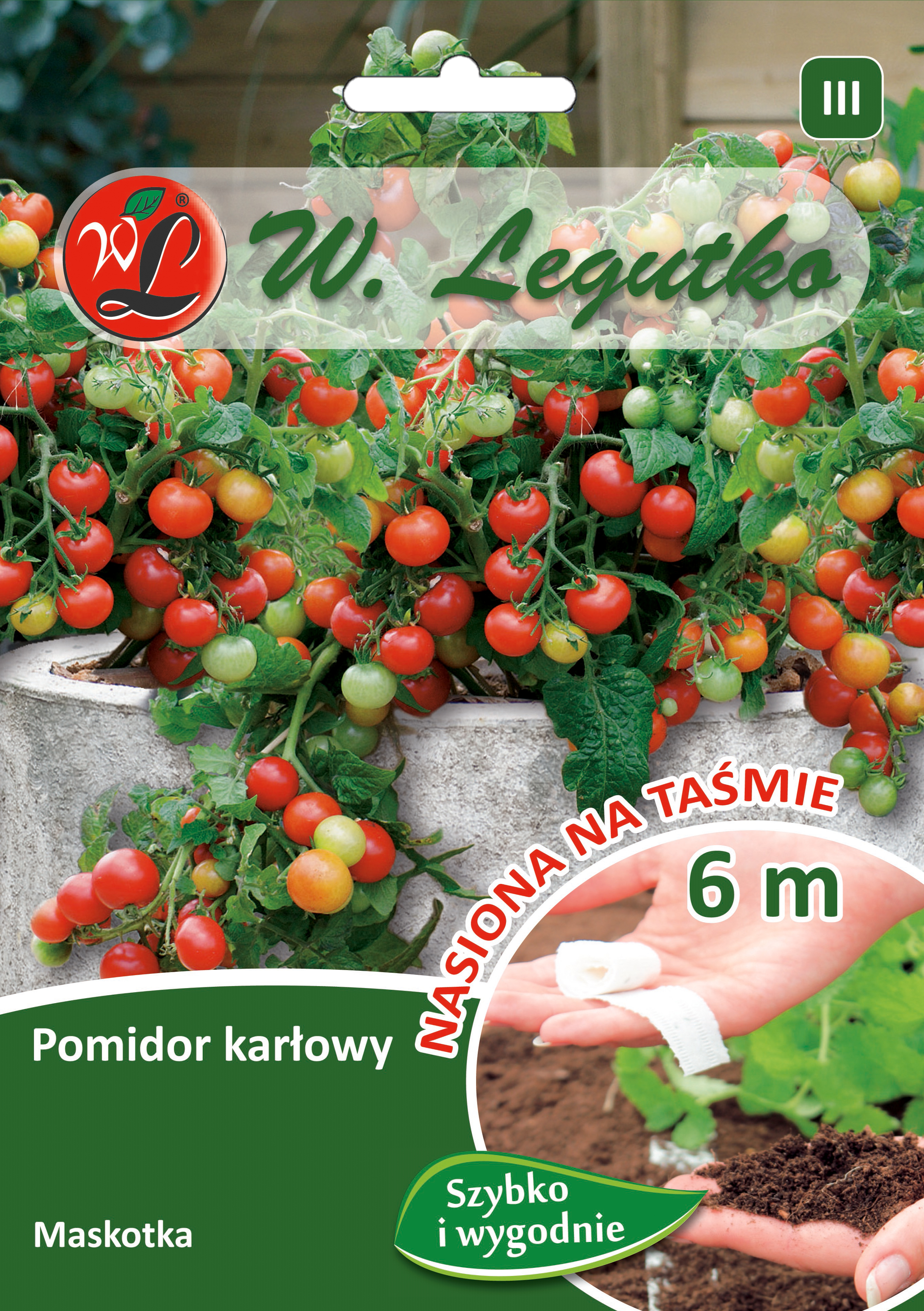 Pomidor gruntowy karłowy Maskotka nasiona na taśmie 6 m W. Legutko