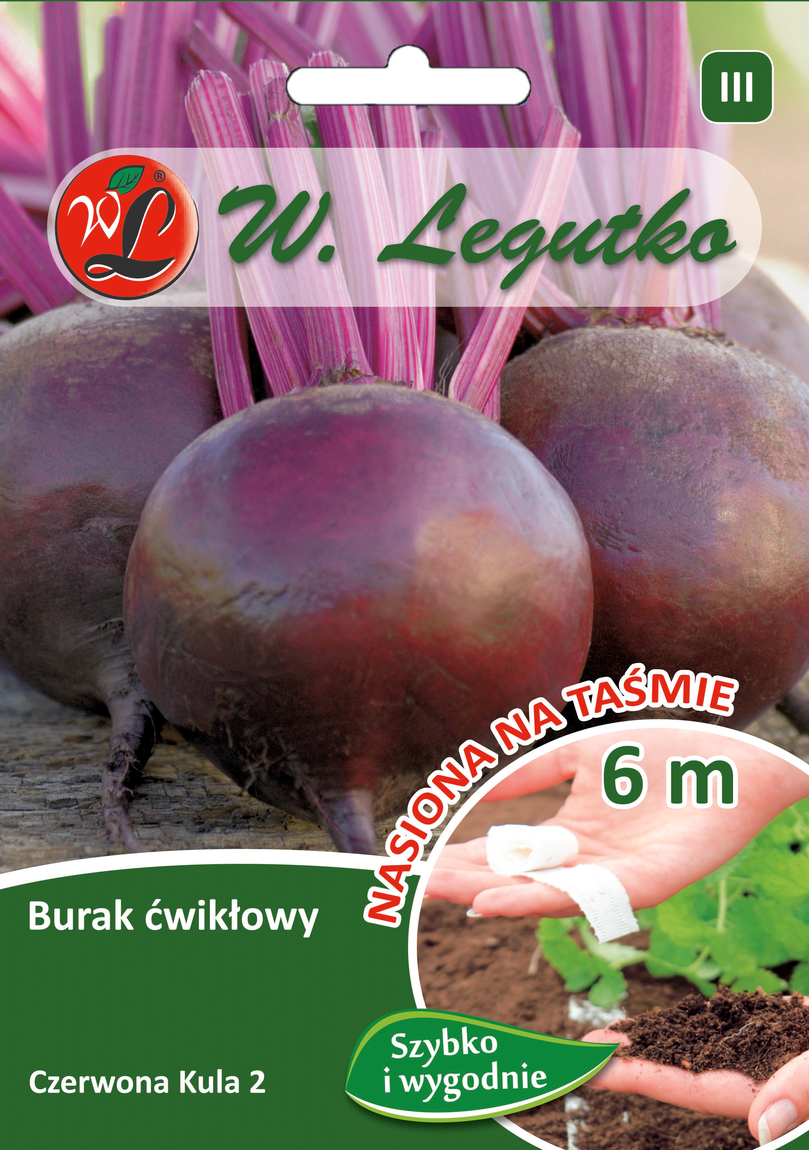 Burak ćwikłowy Czerwona kula 2 nasiona na taśmie 6 m W. Legutko