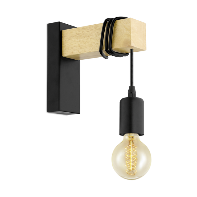 Aplique Townshend , E27, 1 luz, acero y madera, negro y madera