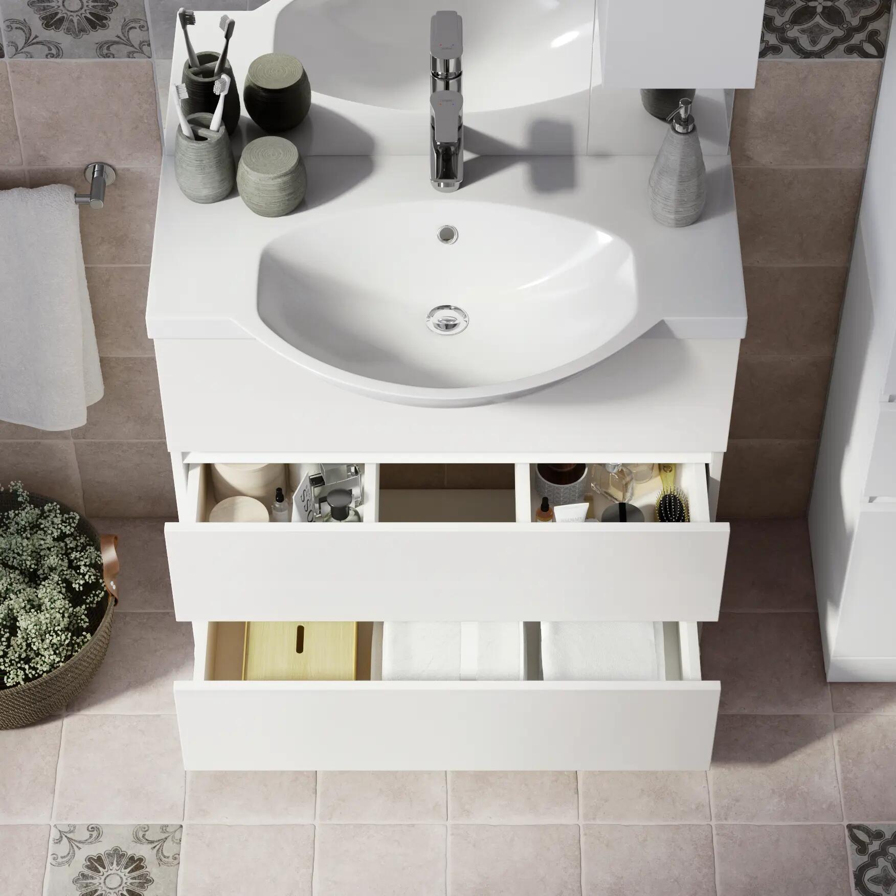 Mobile bagno da terra con lavabo L 80 x H 190 x P 33.5 cm bianco lucido 2 cassetti per vasca centrale Elise - 2