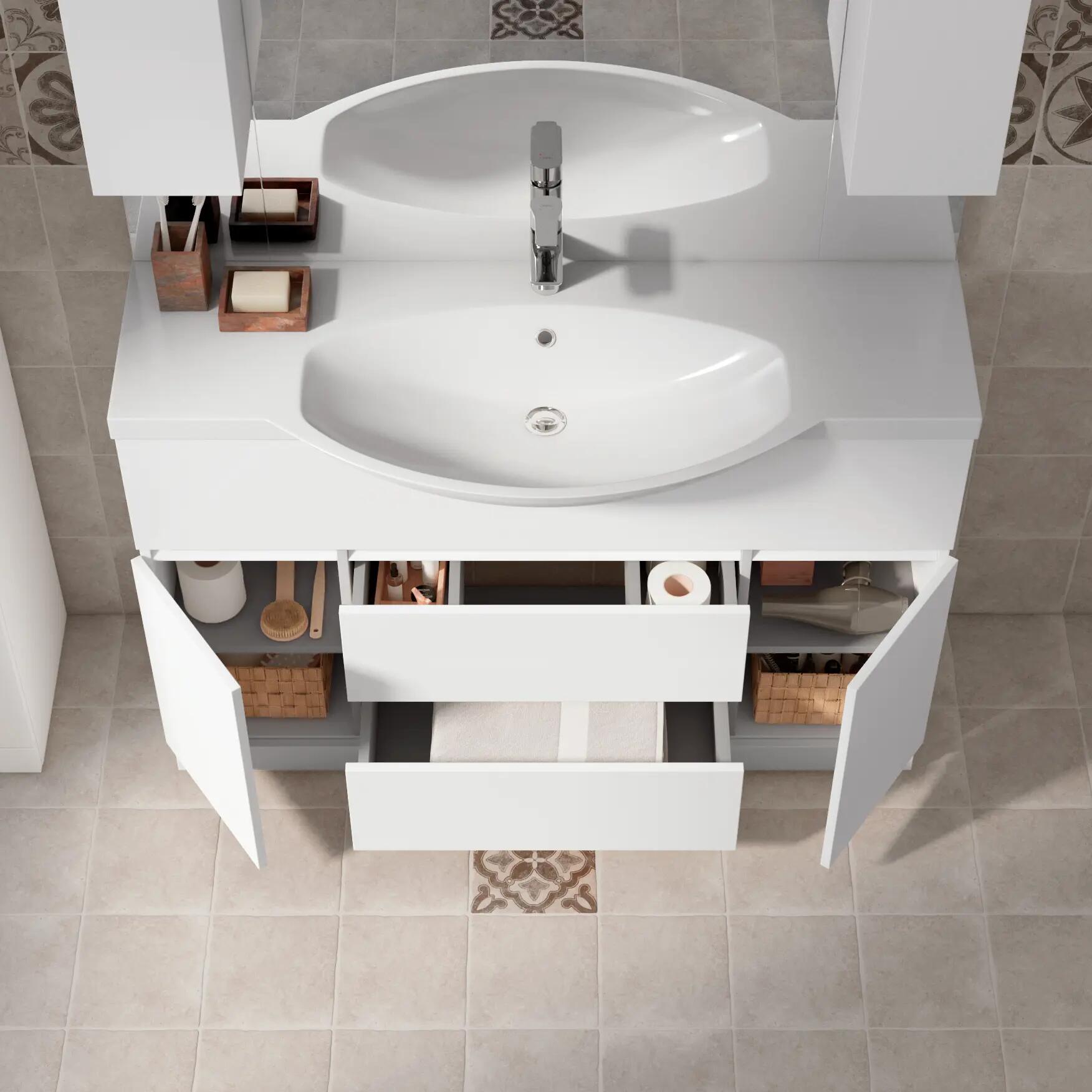 Mobile bagno da terra con lavabo L 120 x H 190 x P 33.5 cm bianco lucido, 2 ante 1 cassetto per vasca centrale Elise - 2