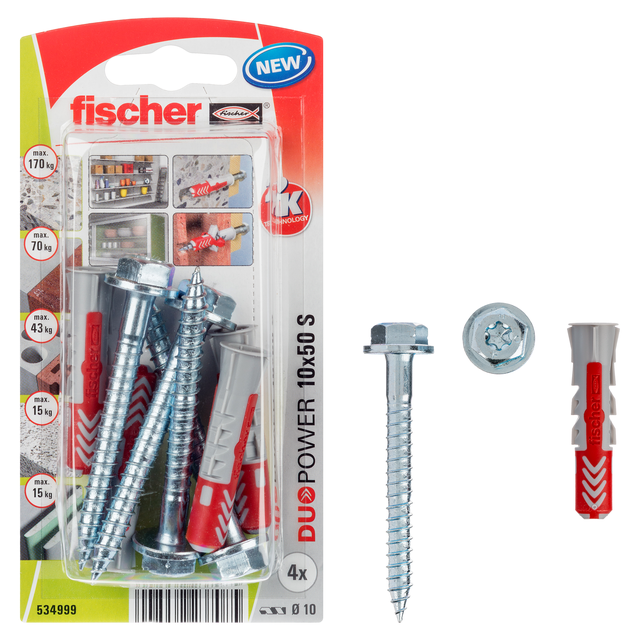 4 tacos + tornillos multimaterial FISCHER DUOPOWER , ø 10 x L. 50 mm