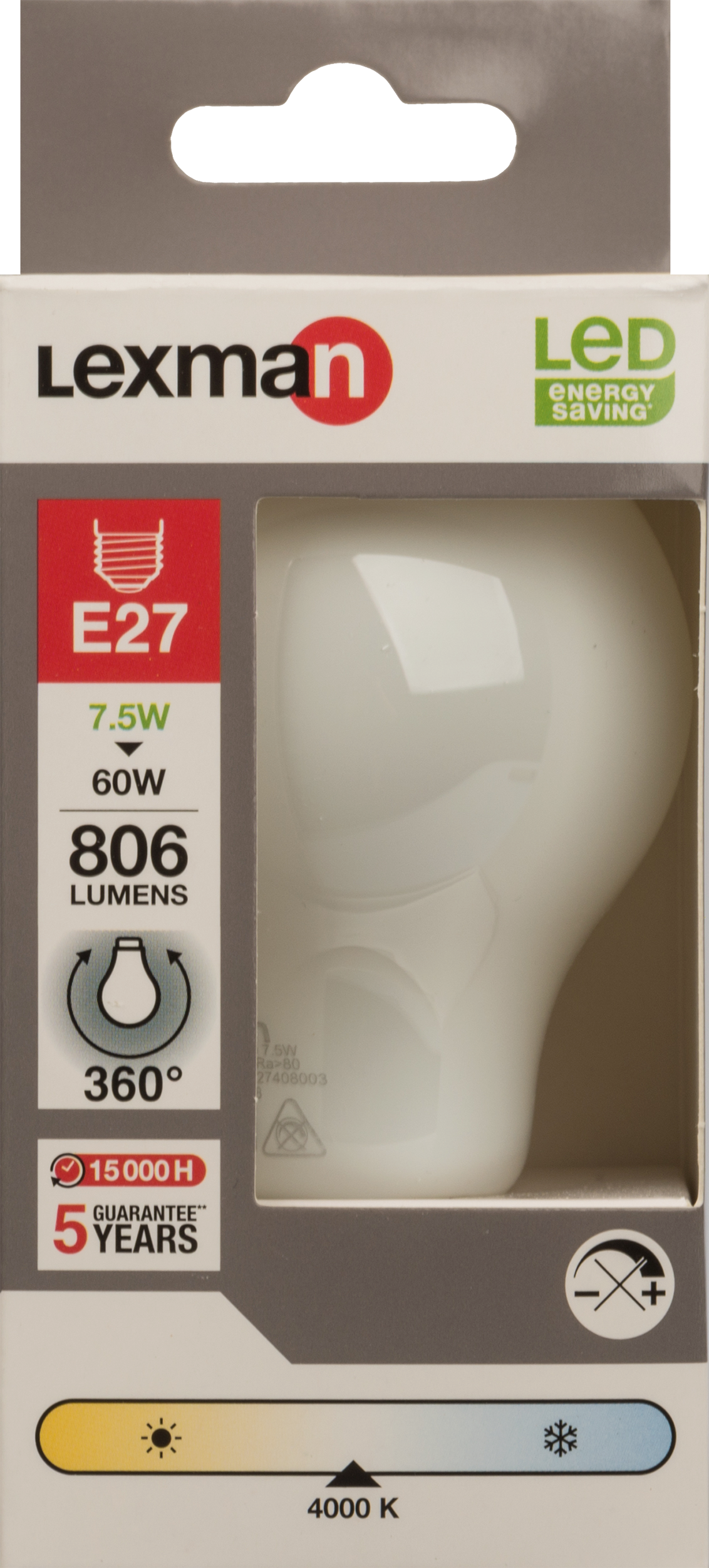 Lampadina LED, E27 goccia, opaco, luce naturale, 7.5W= 806 LM 360°, LEXMAN - 7