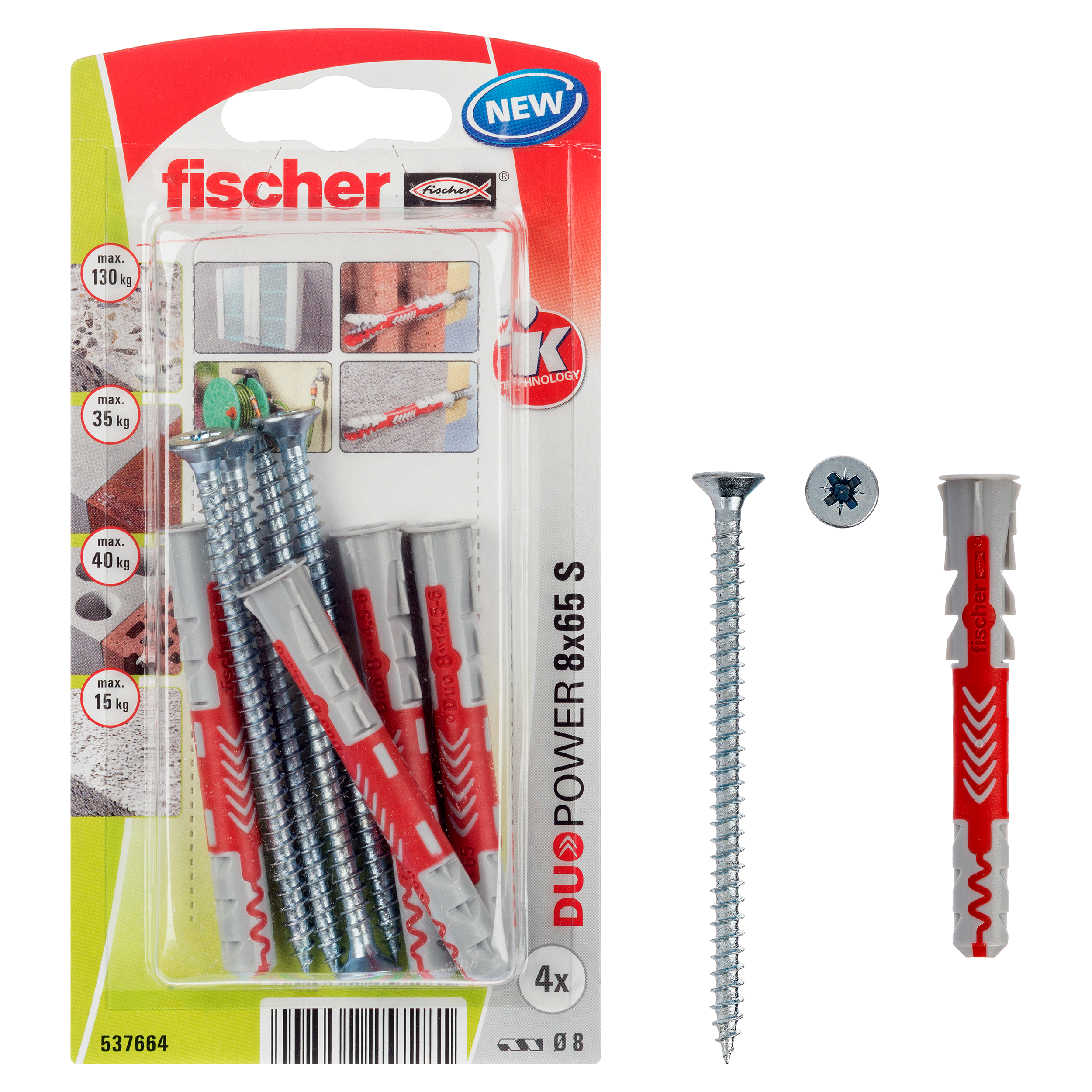 Set di tasselli  con vite FISCHER DuoPower Lungo 8x65 S K   in nylon 4 pezzi - 4
